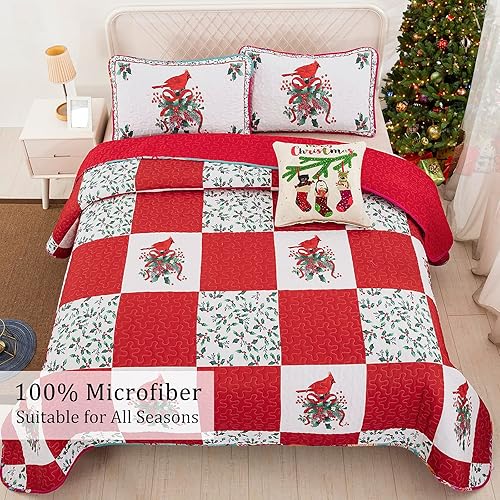 Miniatura 7 de WONGS BEDDING Juego de edredón de Navidad tamaño King (90 x 103 pulgadas), ropa de cama con patrón de bayas rojas y cardenales, colcha acolchada