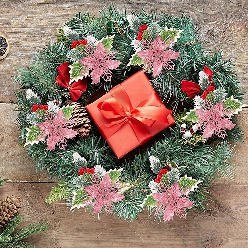 Miniatura 4 de Hotop 12 flores de pascua artificiales con purpurina para Navidad, flores artificiales de Navidad con clips, flores de Pascua para decoración de