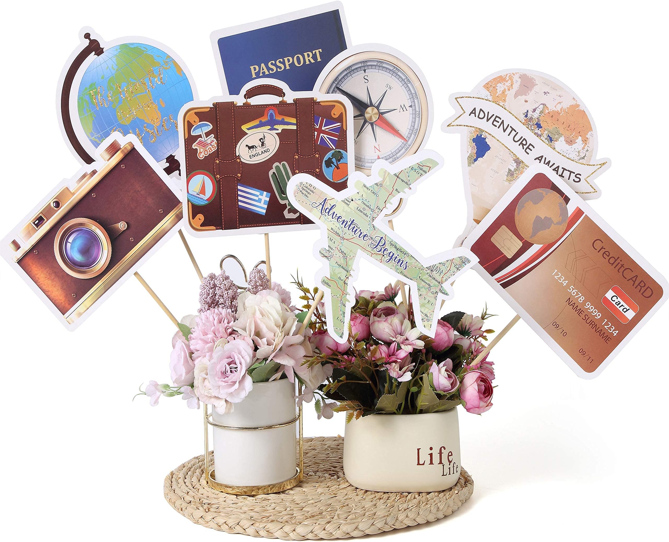 Let The Adventure Begin Centerpieces，Travel Around The World Decorations，Bon Voyage Travel Theme Party Table Toppers,Graduation Retirement Job Career Change Farewell Party Decorations Supplies