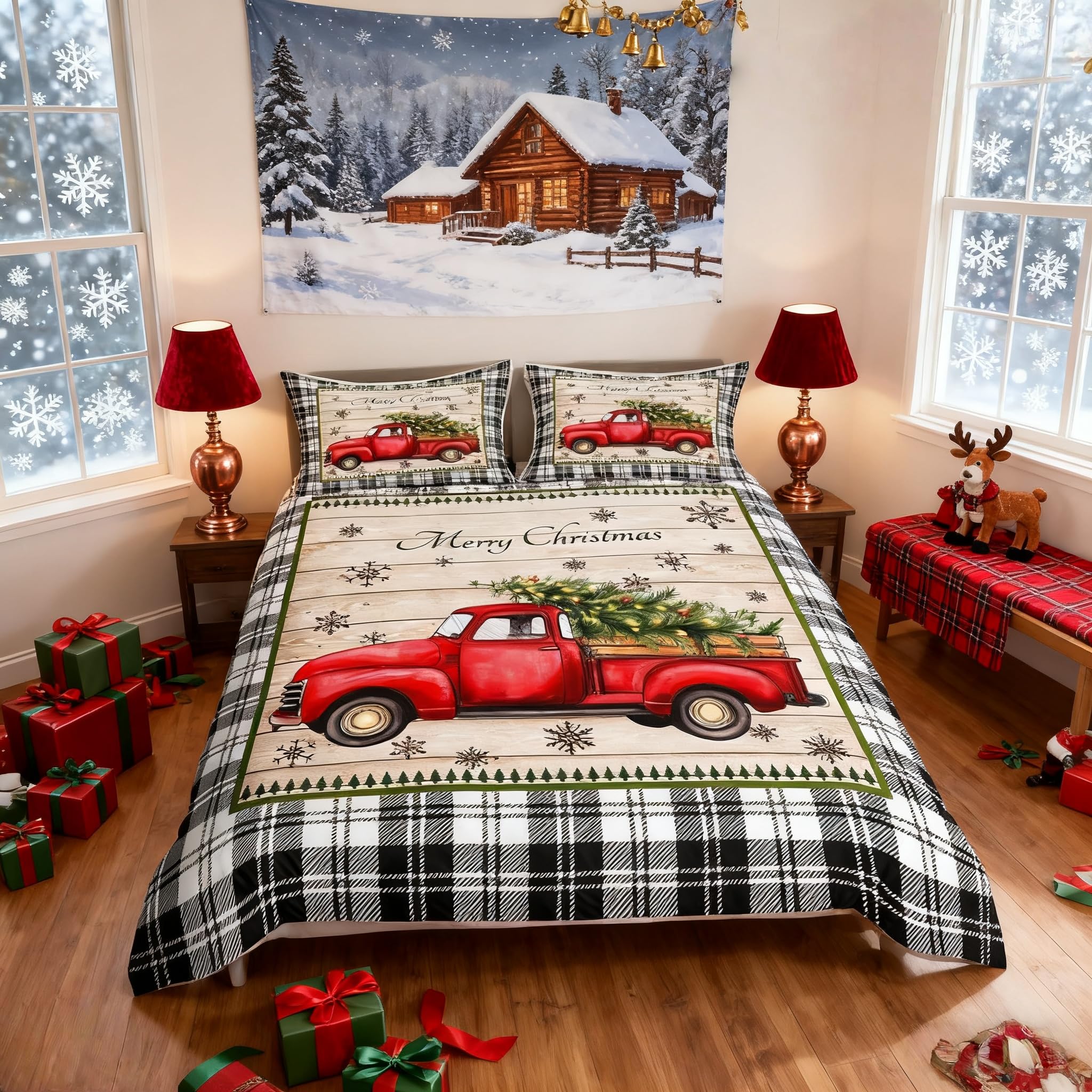 Linge de lit Noël enfants housse de couette rustique et 2 taies d'oreiller