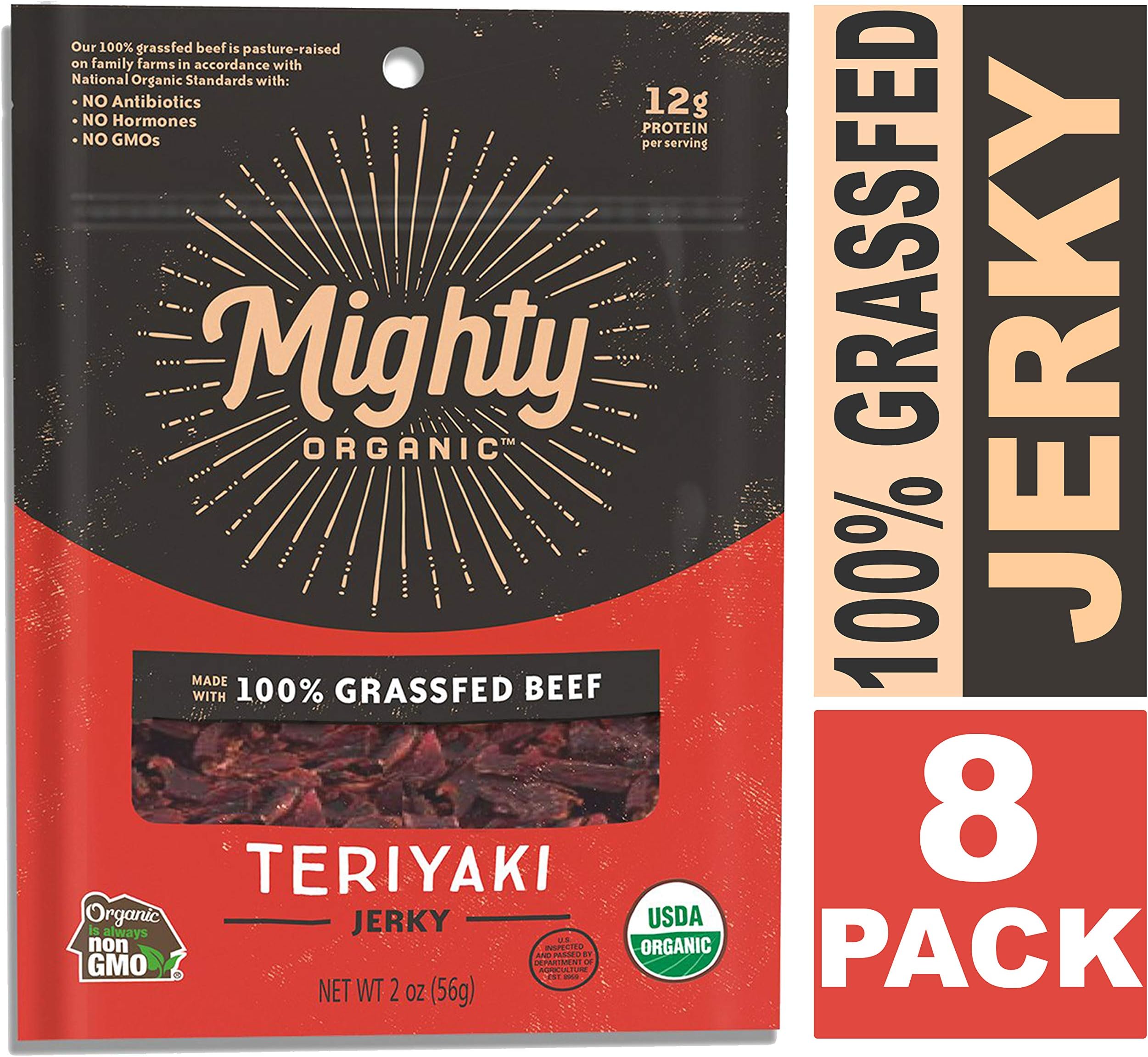 100% Grass Fed Beef Jerky, Keto Snacks, Teriyaki, Mighty Organic, 2oz (Pack of 8)