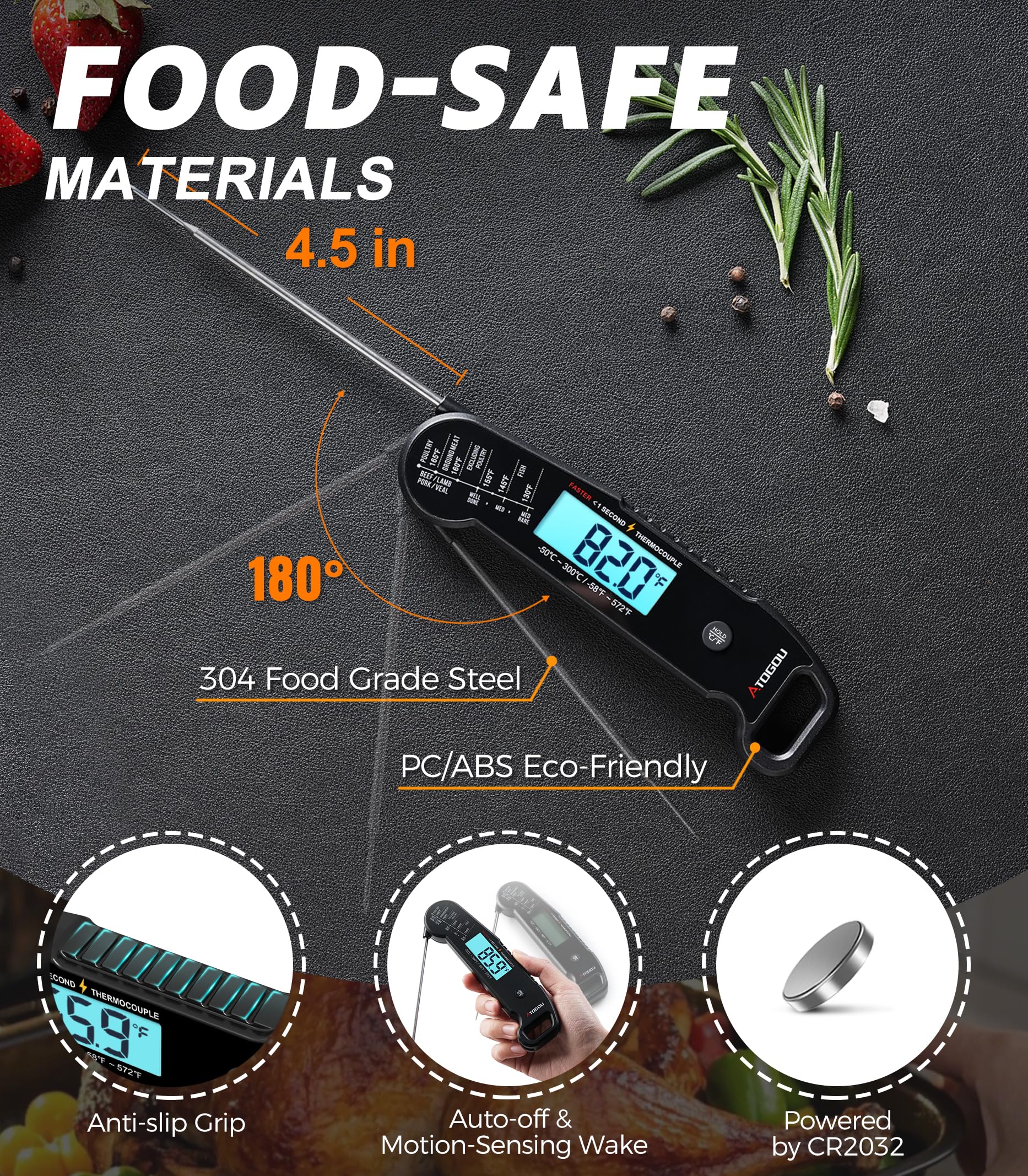 Termómetro profesional para alimentos y carne, lectura instantánea de 1 segundo y precisión de ±0.-15.0 °C impulsado por sensor de termopar. Termómetro digital impermeable IP67 para cocinar, barbacoa