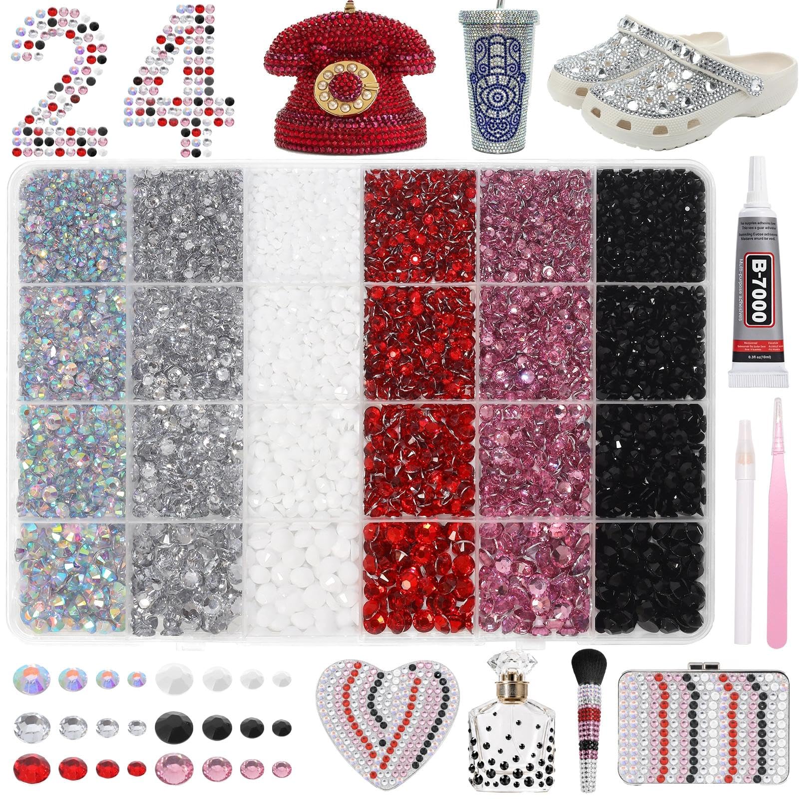 24 Grids Black White Pink Red AB Flatback Rhinestones Bedazzling Kit Craft