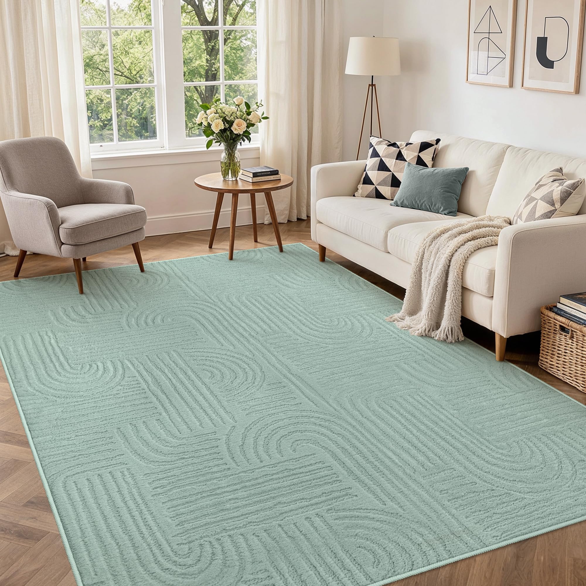 BEIMO Soft Washable Rug 160x230 cm, Area Rugs Living Room Large Abstract Non Slip Carpet Boho Bedroom, Geometric Pure Sage Green