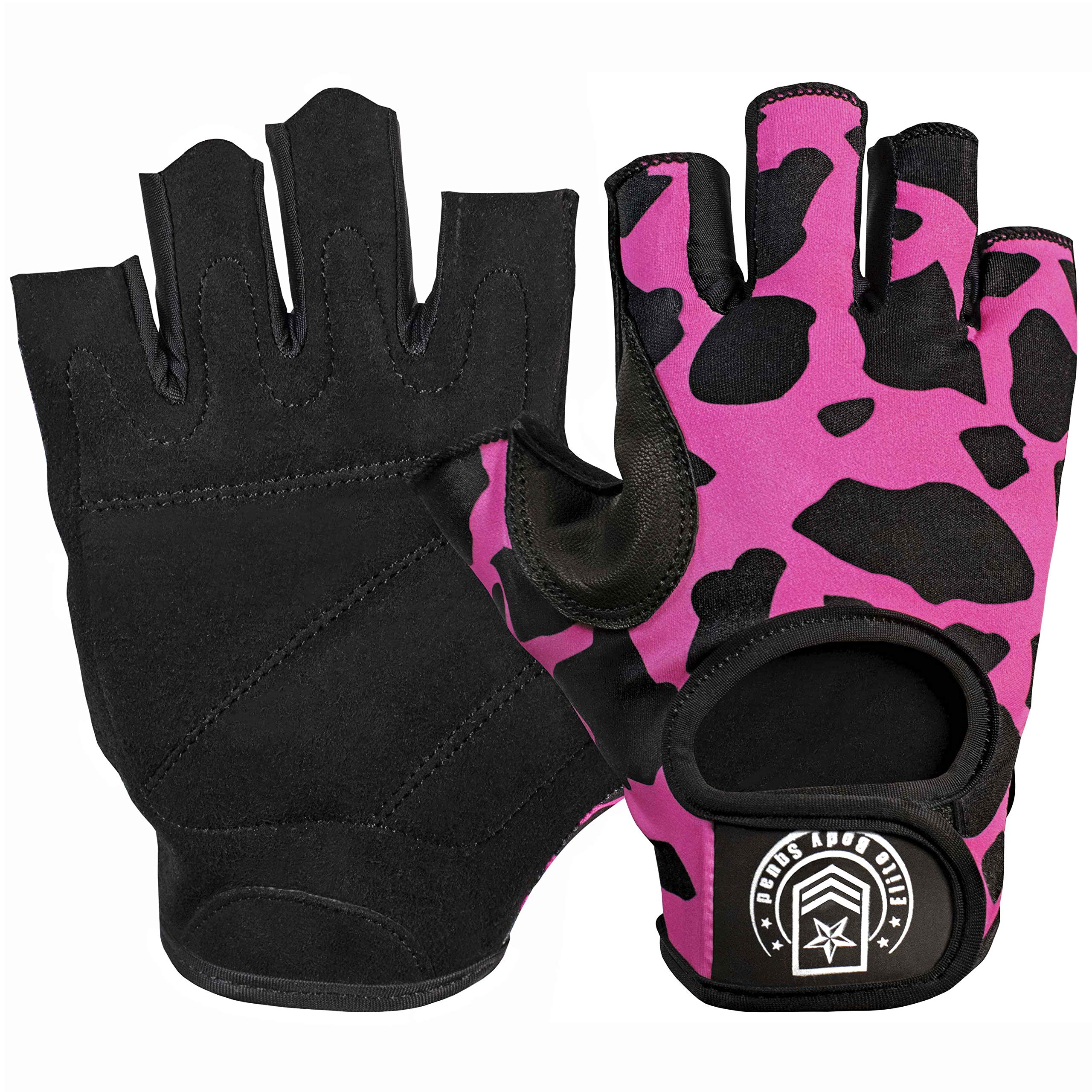 Elite Body Squad Gym Gloves For Women - Pro Quality Pink Ladies Weight Lifting Workout Glove With Leather Suede Palm + Breathable Lycra For Sports Exercise, Cycling, Cross Training + Fitness (Large)