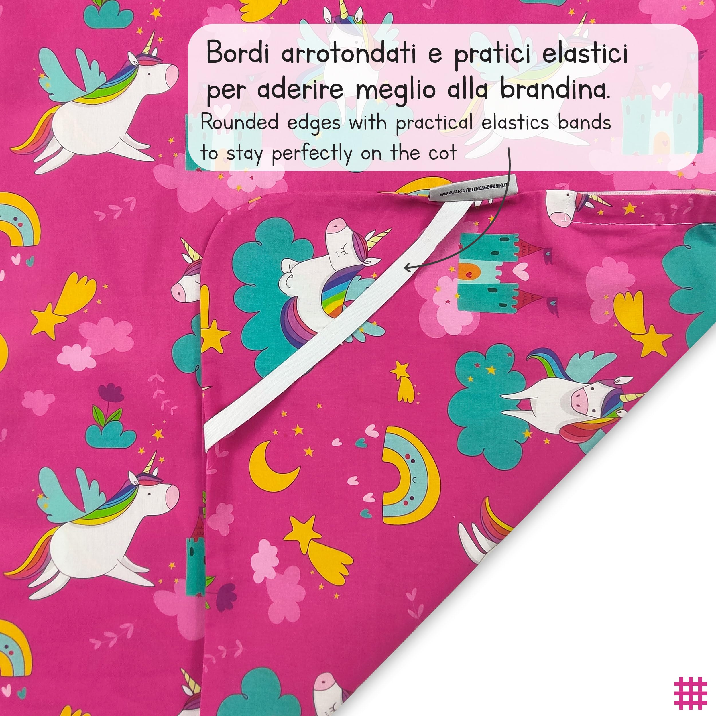 Panini Tessuti Juego de guardería, saco de dormir de verano y bolsa para bebé y niña de 2 a 6 años - Tejido 100% algodón - Made in Italy (juego de guardería de unicornios y arcoíris)