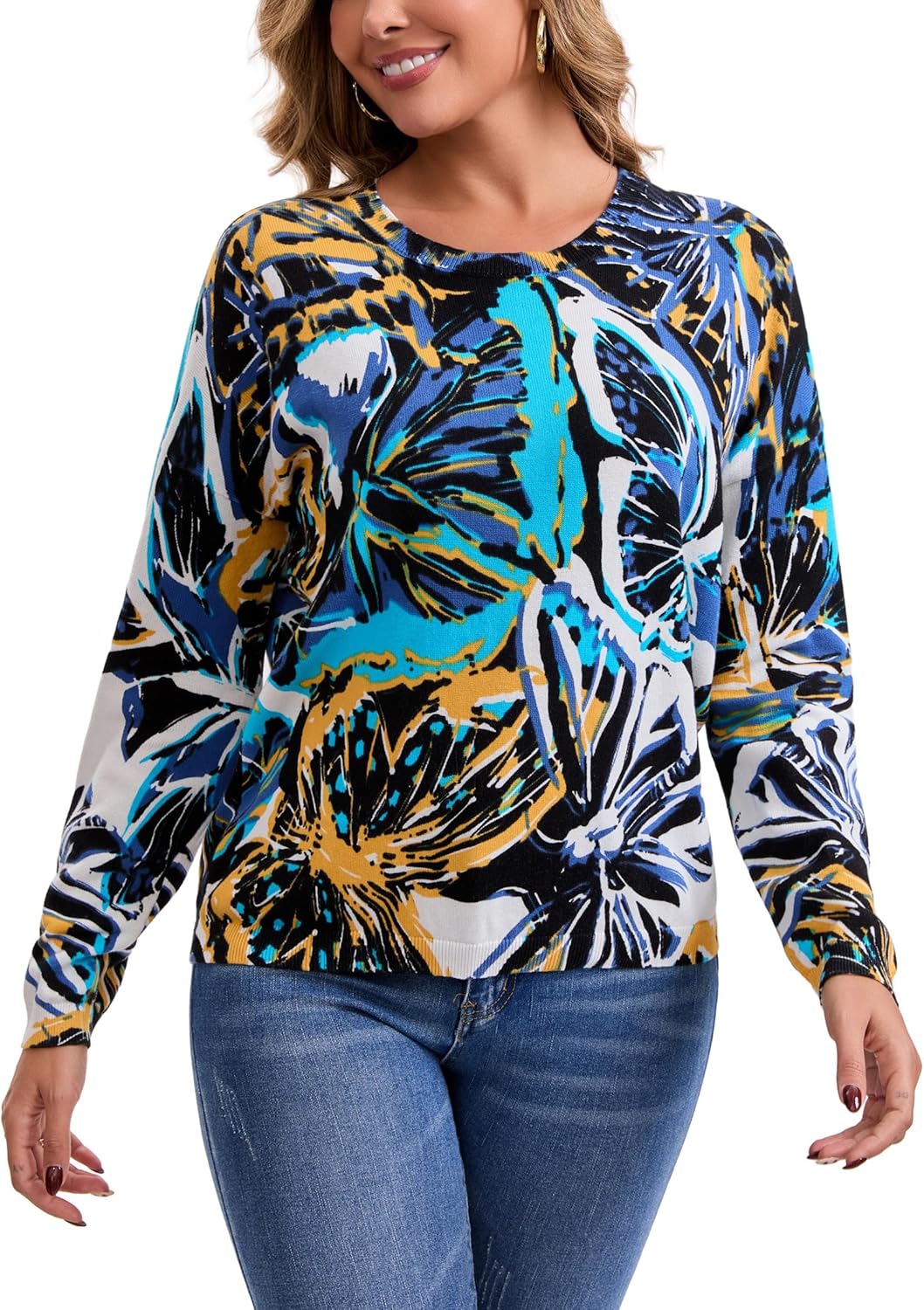 Froggirl Women's Floral Embroidered Crewneck Sweater Soft Knit Pullover Drop Shoulder Stylish Casual Top