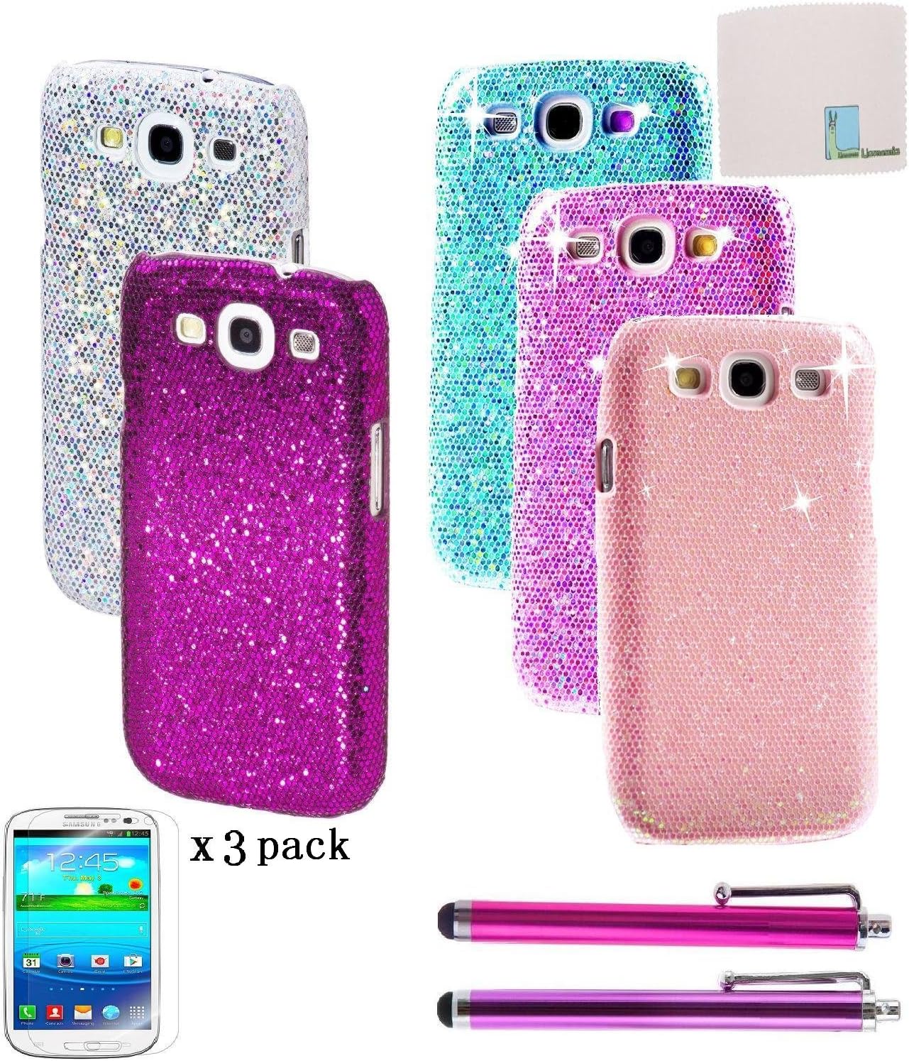 Llamamia 5 Colorful Bling Sparkle Glitter Hard Covers Cases Protectors for Samsung Galaxy S3 S III I9300 + 2 Stylus Pens + 3 Screen Protectors + Cleaning Cloth