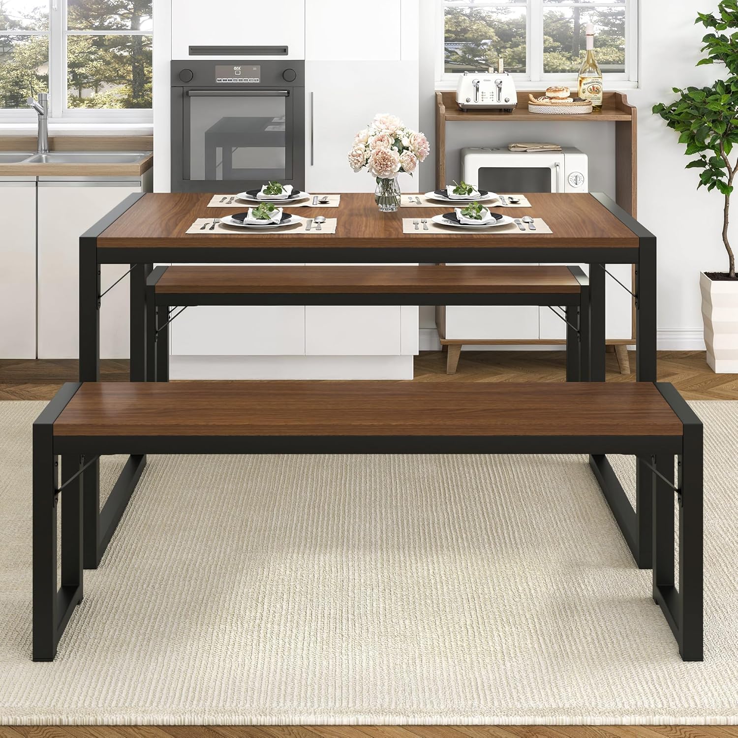 Allewie 3-Piece Dining Table Sets with Benches, Heavy Duty Metal Space-Saving Dinette for Kitchen/Living Room/Studio, Black Legs and Wooden Board