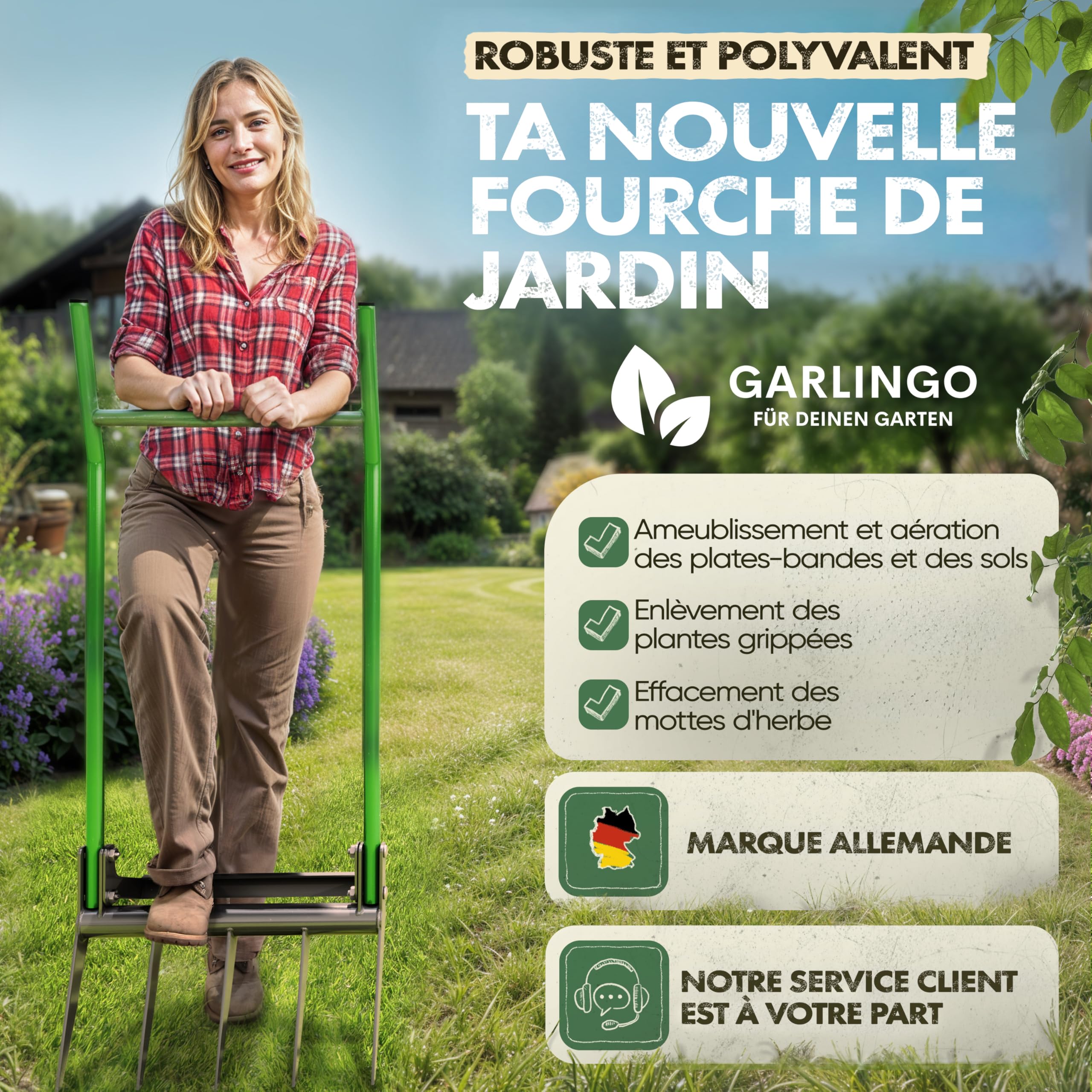 GARLINGO Broadfork Fourche à creuser | 50 cm de large | Avec étrier pour un effet de levier maximal | Fourche de jardin Fourche à creuser double fourche de jardin