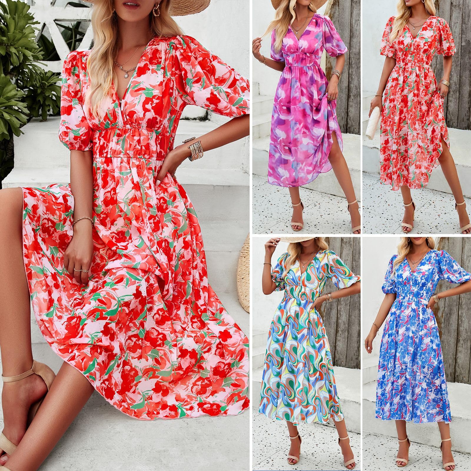 Vestido Bohemio de Verano para Mujer, Elegante Vestido Midi Floral con Cuello en V, Vestido Playero Fluido para Mujer