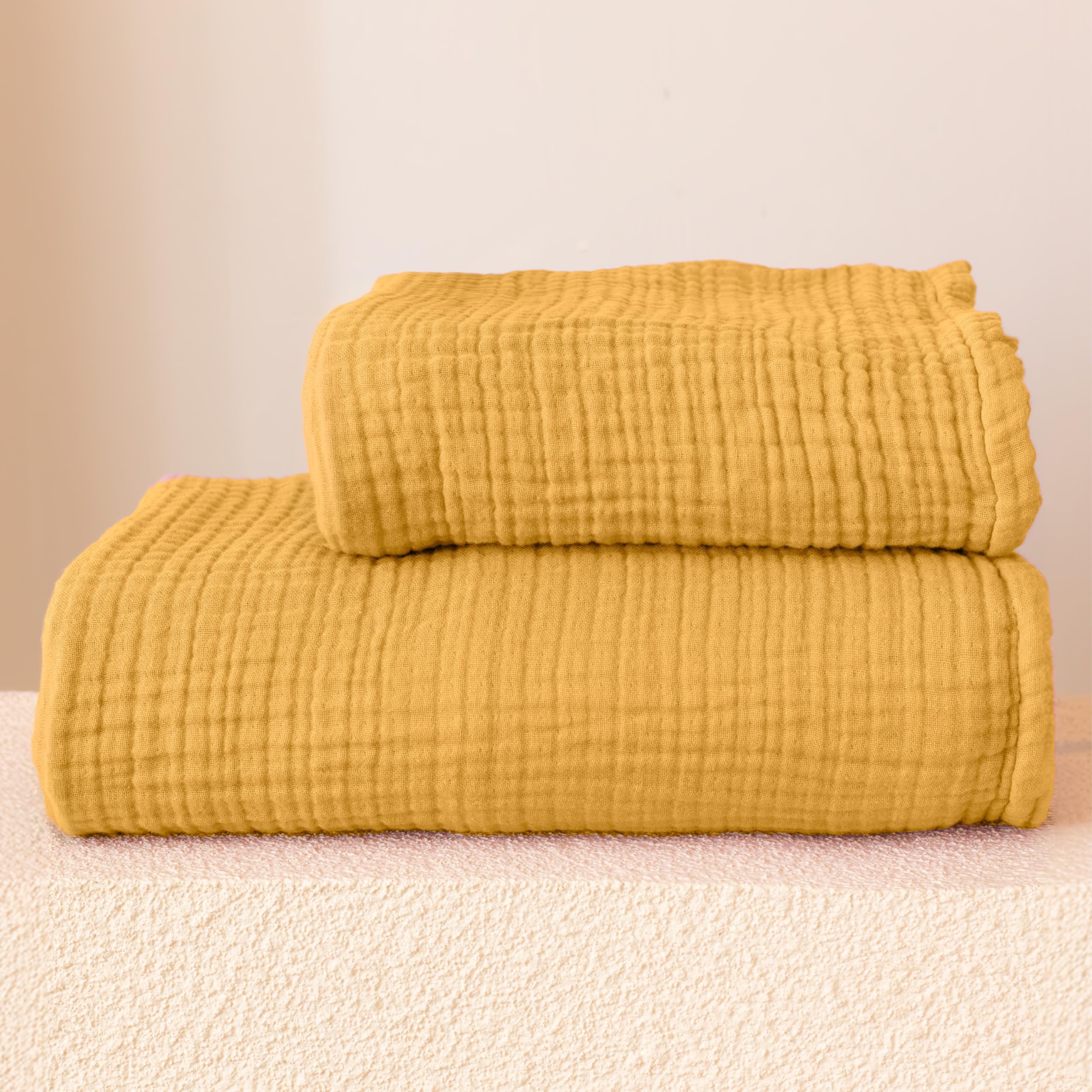 Viva Maison Ultra Soft Muslin Towel Adult Set, 100% Turkish Cotton 4-Layer 2 Pieces Luxury Muslin Hand & Bath Towels Sets for Bathroom (Mustard, 1