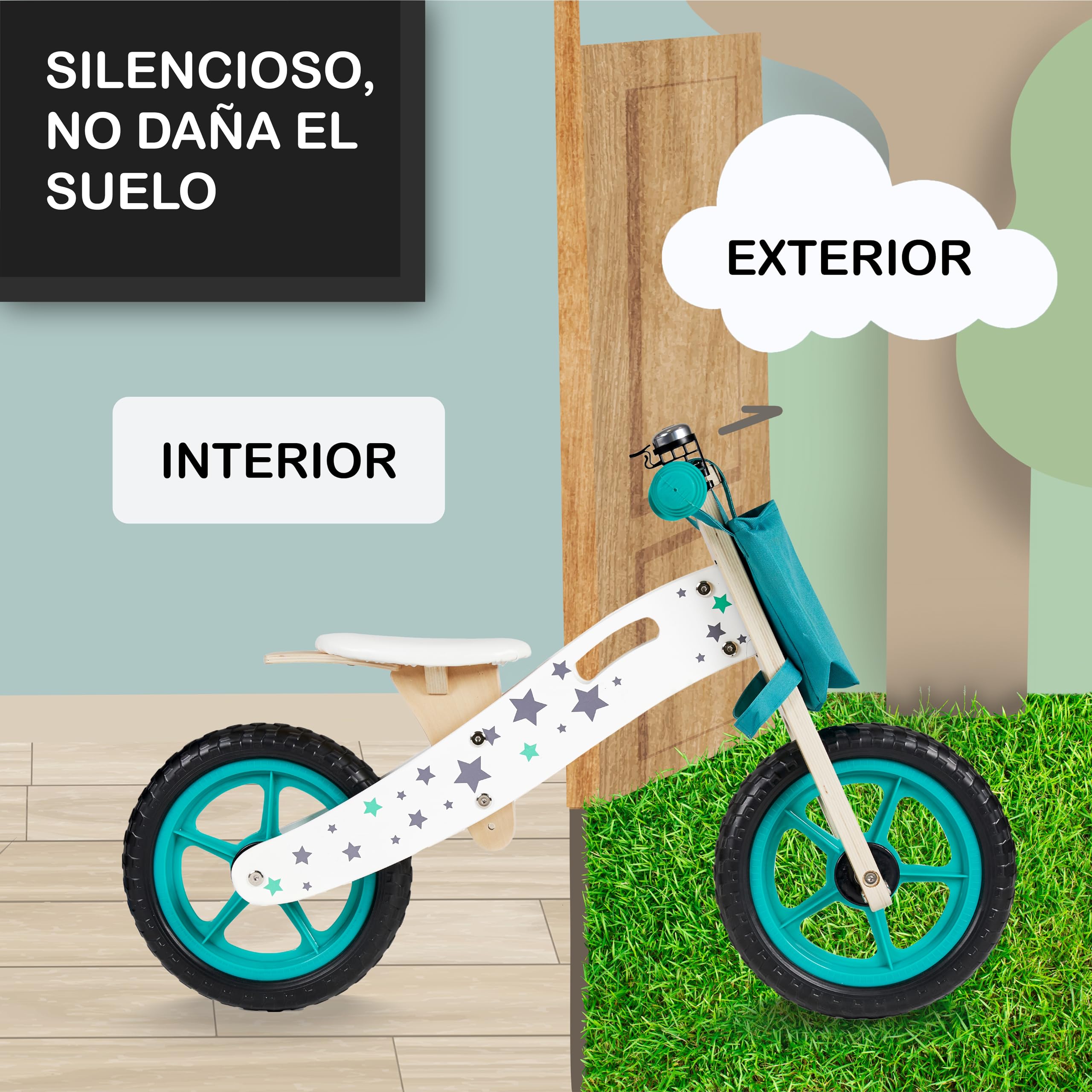 BUDDY BABY Bike - Bicicleta sin Pedales Montessori, Ligera y con Asiento Ajustable y Timbre, Bicicleta 2 Ruedas, Bicicletas niños, Hecha de Madera, Práctica, Moto bebé