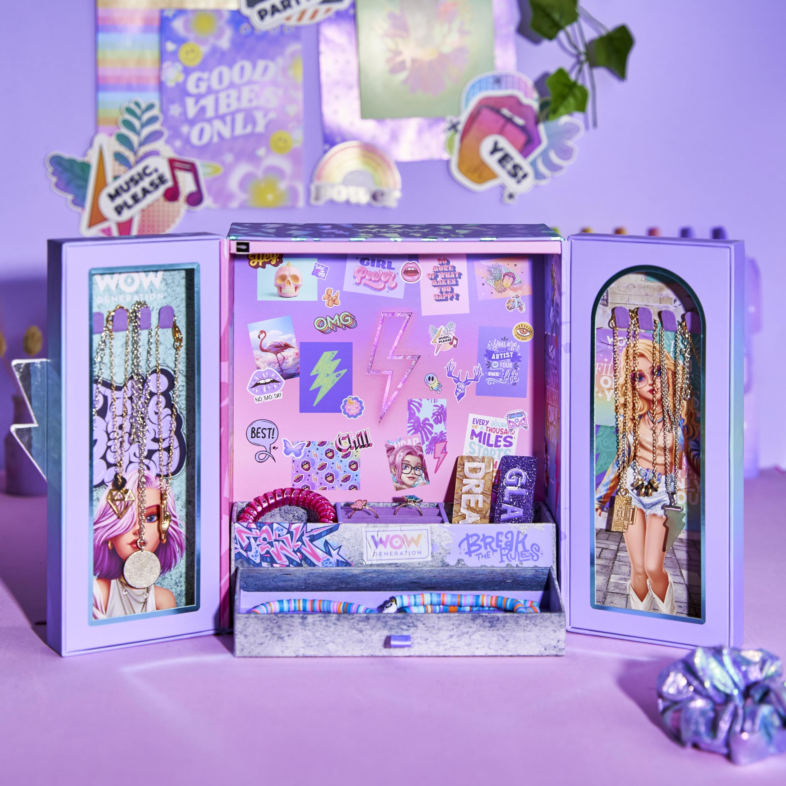 WOW GENERATION Joyero Infantil con Luces LED Organizador Bisutería Compartimentos Colgadores Base Felpa