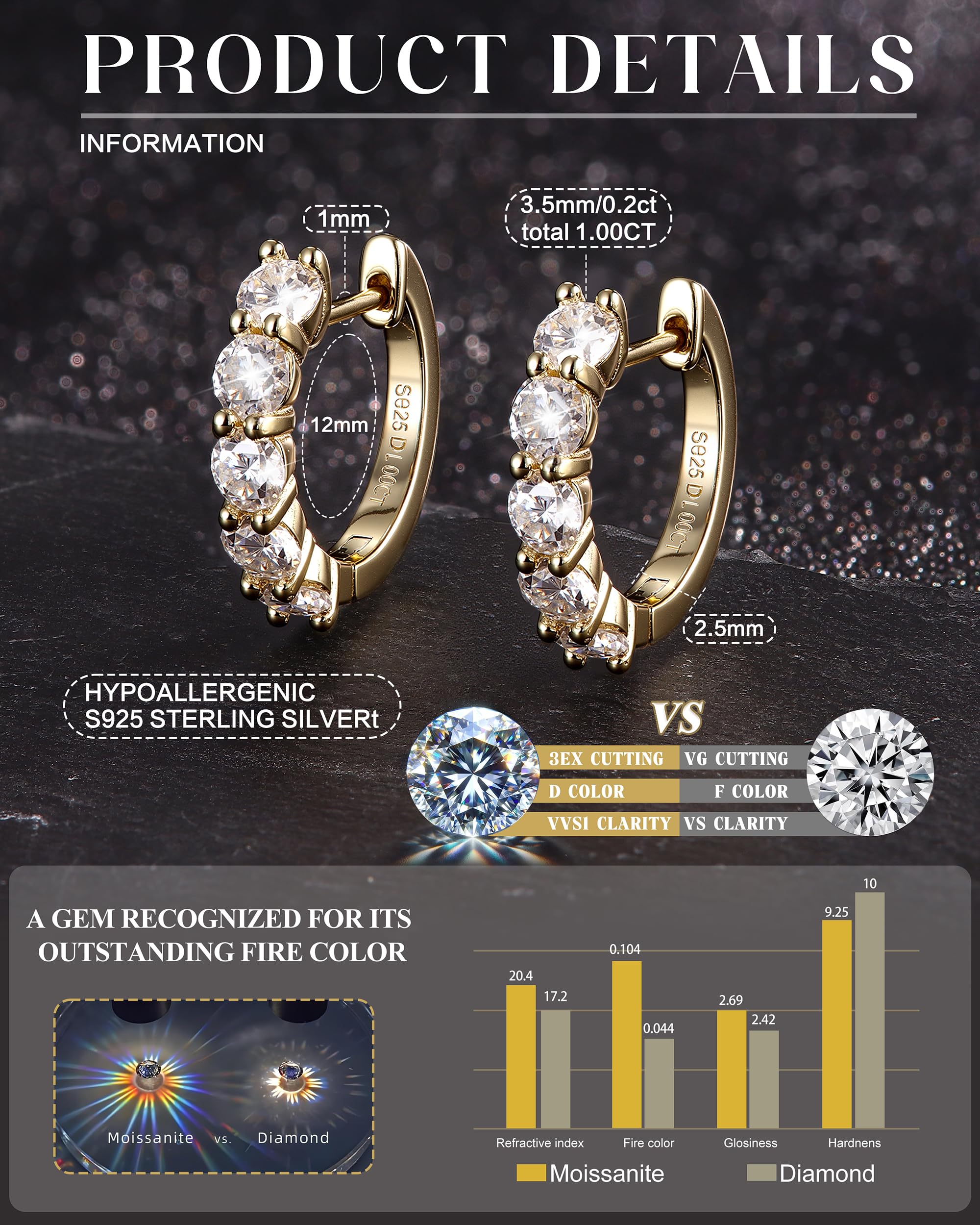 Dochais Moissanite - Orecchini da donna in argento Sterling 925