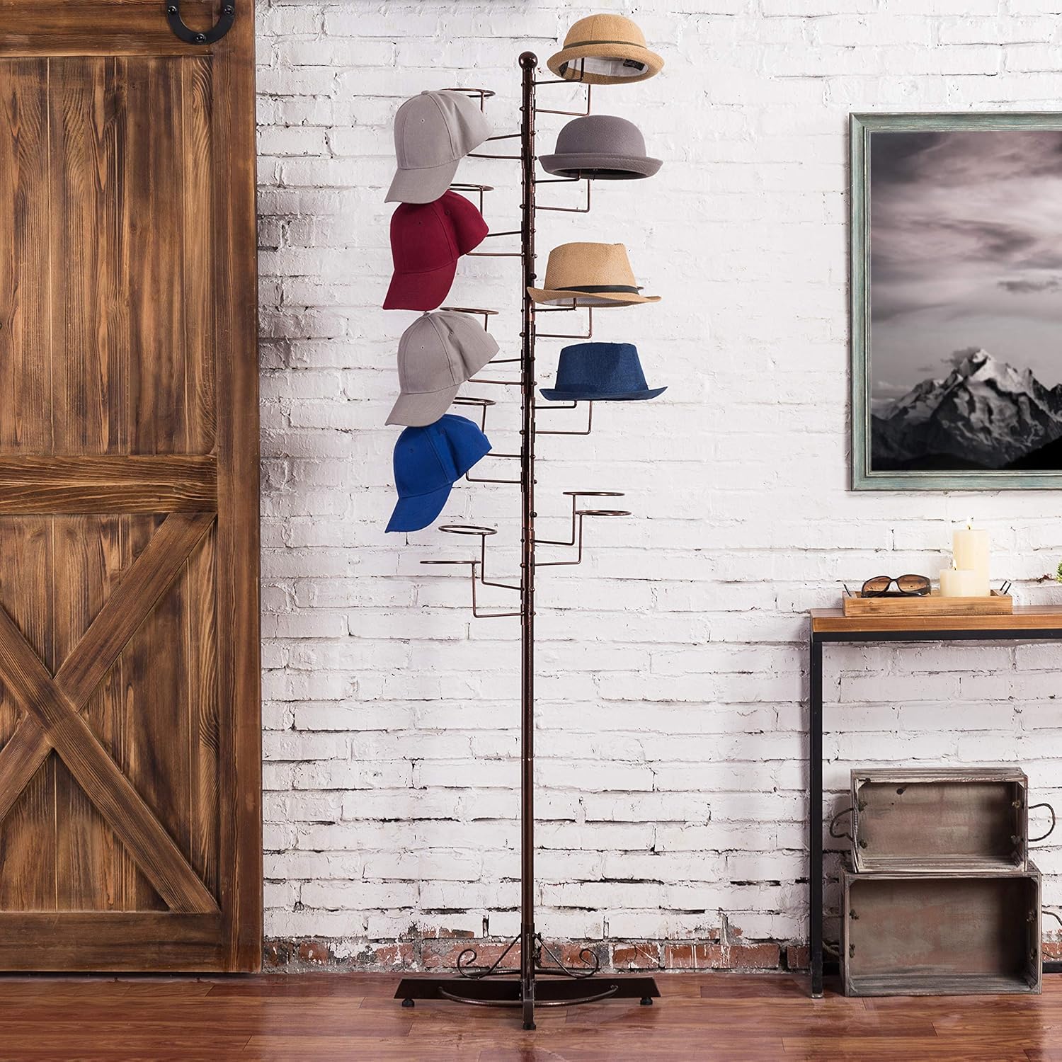MyGift Hat Rack Tree, Cowboy Hat Display Stand, Baseball Cap Organizer Storage, Freestanding Retail Wig Holder with 20 Customizable Circular Hooks, for Multiple Hats, Dark Brown Metal