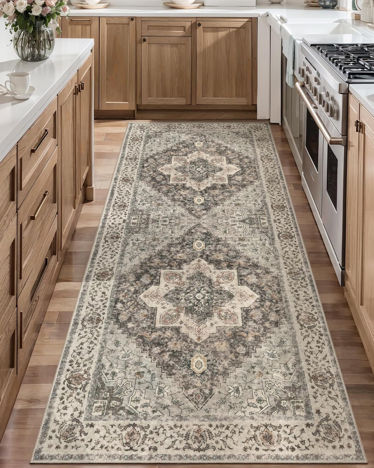 Tangsoo 2x6 Washable Runner Rug for Hallways, Non Slip Vintage Runner, Soft Low Pile Long Rug Runner, Print Distressed Brown/Grey Carpet Runners for Kitchen Bedroom Entryway Bathroom Living Room 2' x 6' (Runner) Brown/Grey image 8 of 9 B0D78SMQK6