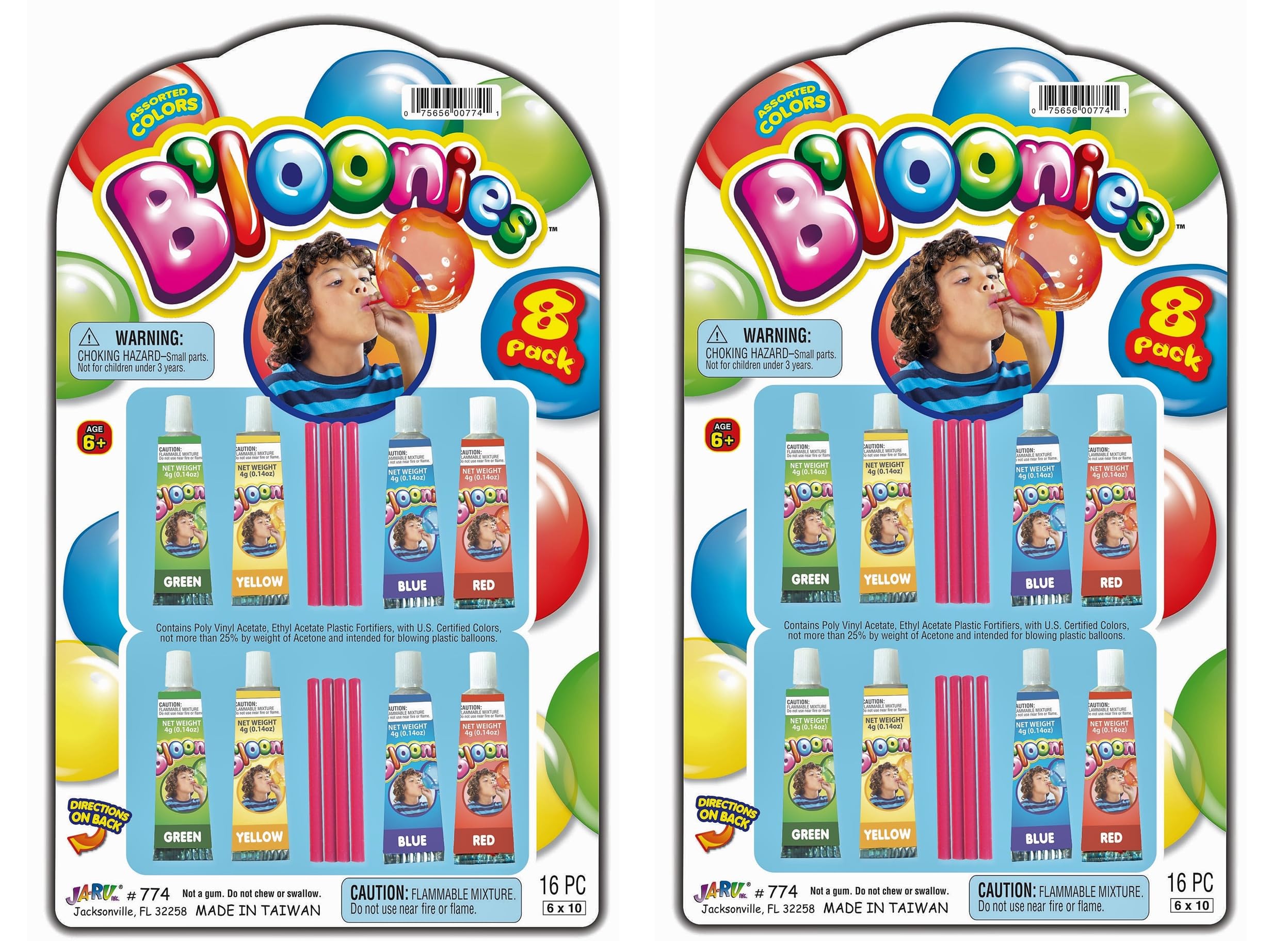 JA-RU B'loonies Plastic Balloon Variety 8 (16 tubes in 2 Packs) Great Original Bloonies Bubble Making. Blow a Plastic Bubble. Classic Game. Retro Toy. Plus 1 Sticker. 774-2s