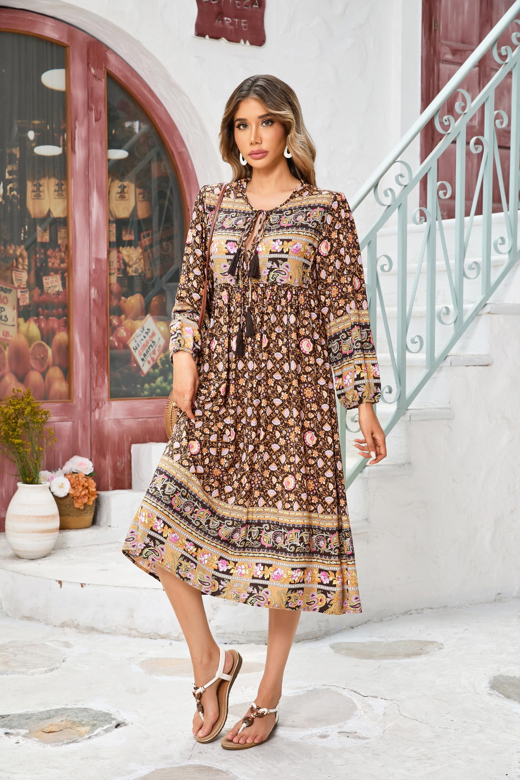 R.Vivimos Abito da donna con scollo a V a maniche lunghe, stile boho floreale, abito da spiaggia lungo a linee lunghe