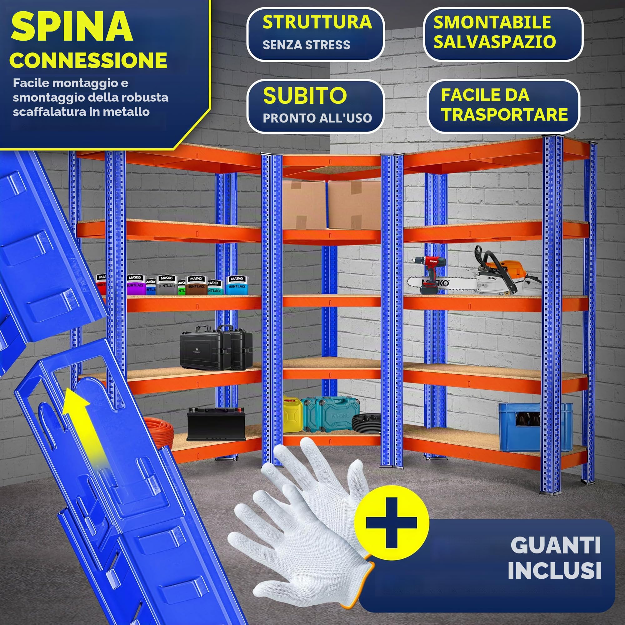 KESSER MASKO® - Set di 3 scaffali in metallo, 1 scaffalatura angolare e 2 scaffali, 15 ripiani, in MDF, 2625 kg, scaffale per officina, cantina, garage, scaffalatura per carichi pesanti (arancione)
