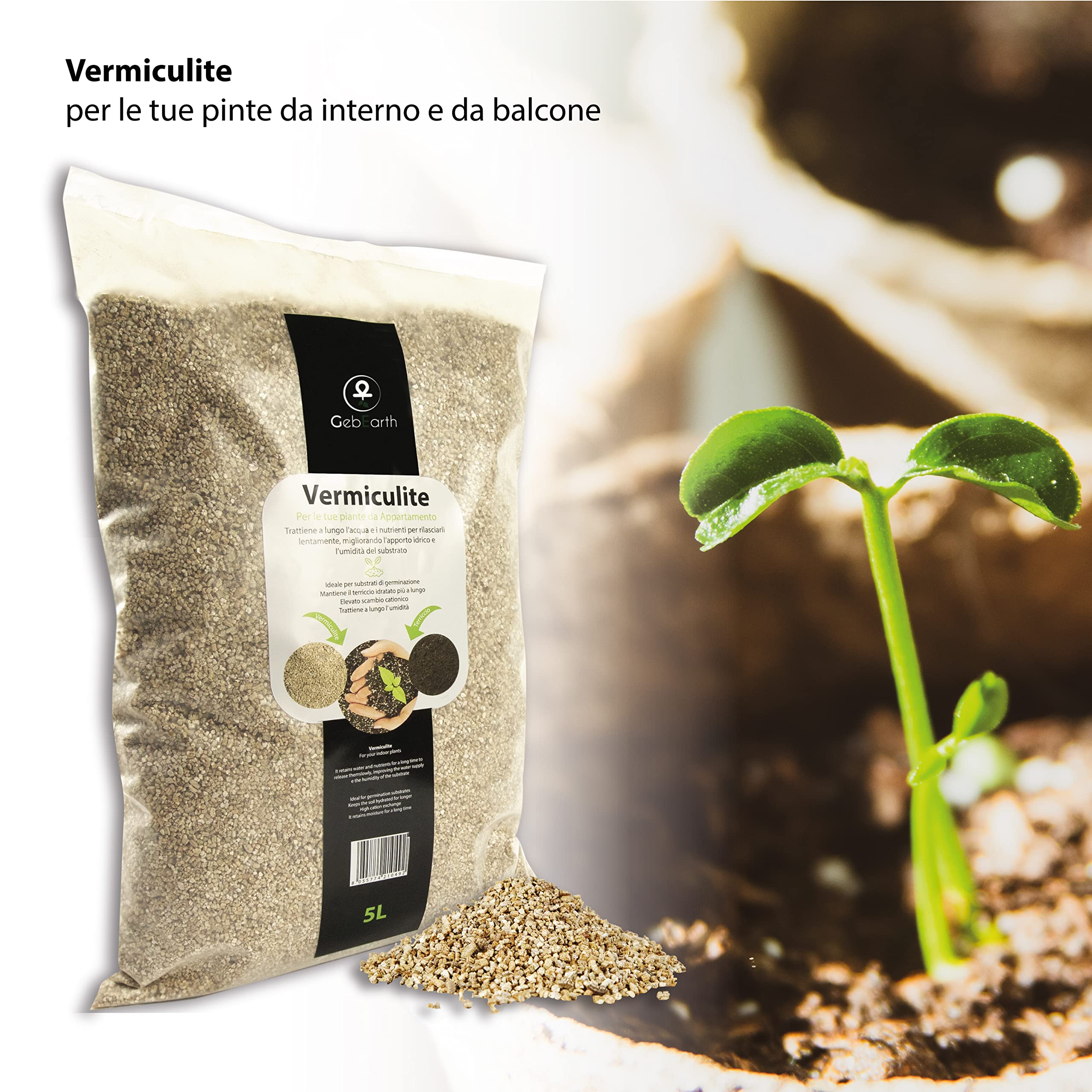 GebEarth® - Vermiculita Expandida Fina, sustrato ideal para la germinación, estimula el crecimiento y desarrollo de las plantas jóvenes, aumenta la humedad y la disponibilidad de agua del sustrato[5L]