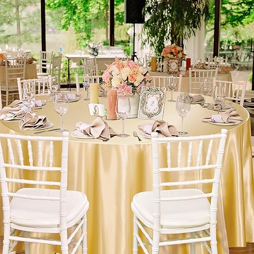 Miniatura 6 de TURSTIN Mantel redondo de satén de 120 pulgadas para decoración de mesa de tela suave, mantel de seda brillante para decoración de mesa de