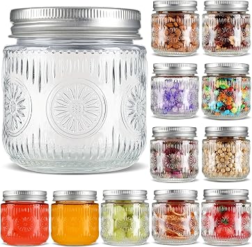 Mason Jars 8 oz - Vintage Small Glass Mason Jars with Silver Metal Lids, Regular Mouth Canning Jars, Safe For Storage, Canning, Pickling, Preserving, Fermenting, DIY Crafts & Decor 12Pack