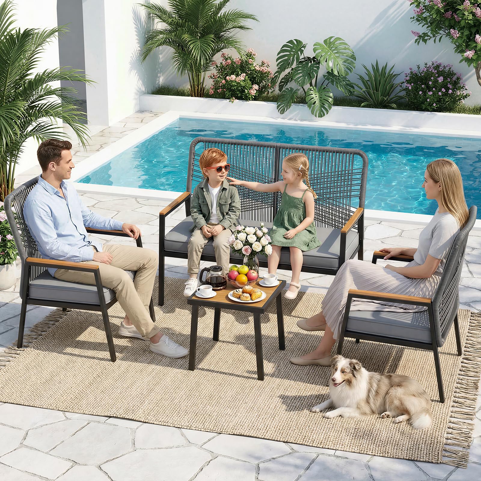 LIFERUN Gartenmöbel-Set, 3-teilig Gartenstuhl Rattan, für Terrasse, Garten | 2 Terrassenstühle mit Tisch, Bis 160 kg, witterungsbeständig, WPC Armrest, Outdoor Balkonmöbel Metall und Rattan, Grau