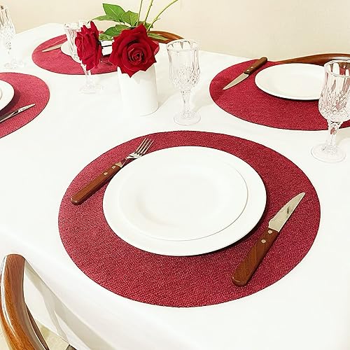 Miniatura 2 de Juego de 4 manteles individuales redondos de lino rojo para mesa de comedor, 15 pulgadas, lavables, color rojo