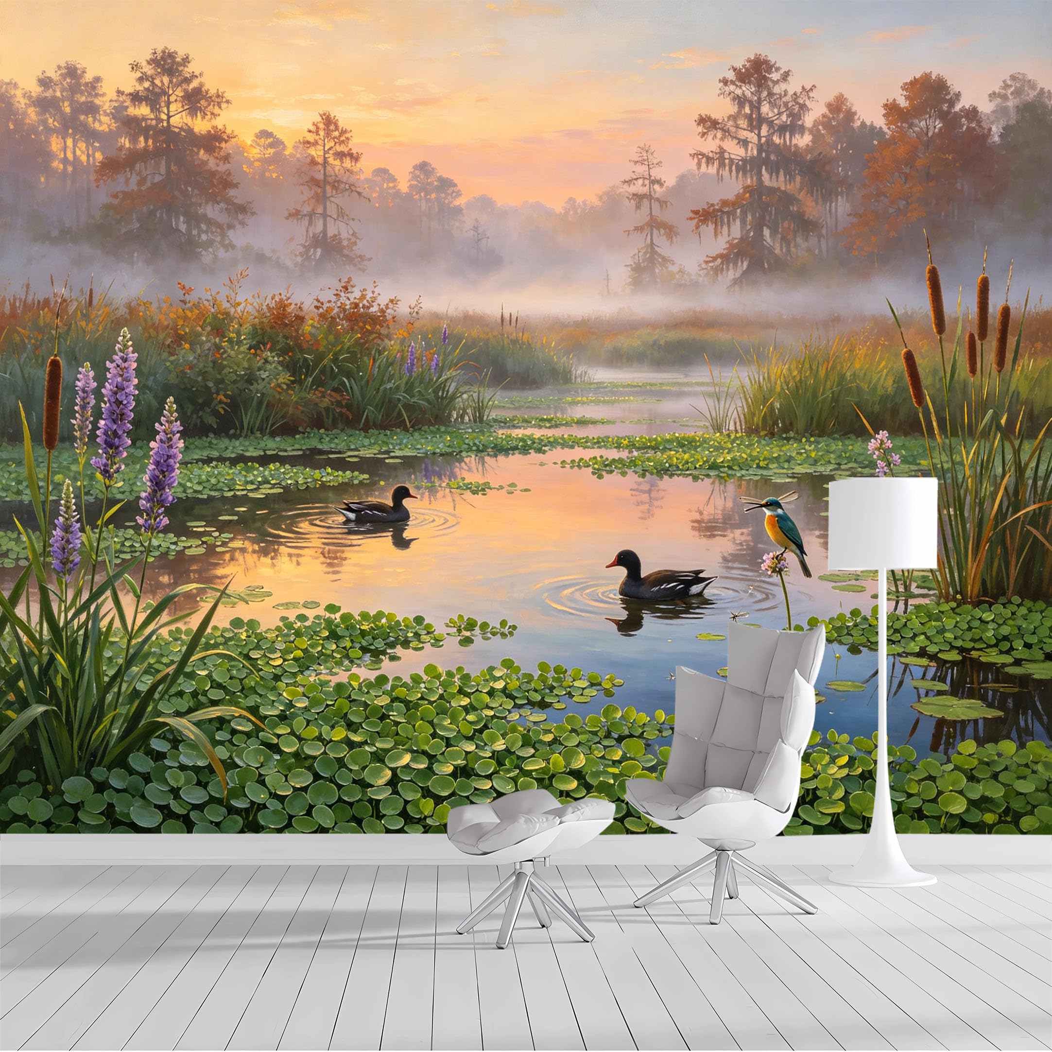 Custom Size Wall Mural Misty Marsh Wetlands Duck Kingfisher Oil Painting SelfAdhesive Wall Fabric Removable Peel and Stick Wallpaper Wall Decor for Living Room Bedroom Bathroom