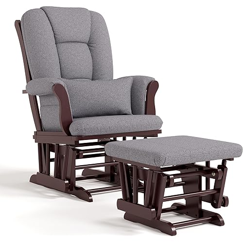 Storkcraft Tuscany Custom Glider and Ottoman with Free Lumbar Pillow (Espresso/Slate Gray Swirl) - Cleanable Upholstered Comfort Rocking Nursery Chair with Ottoman