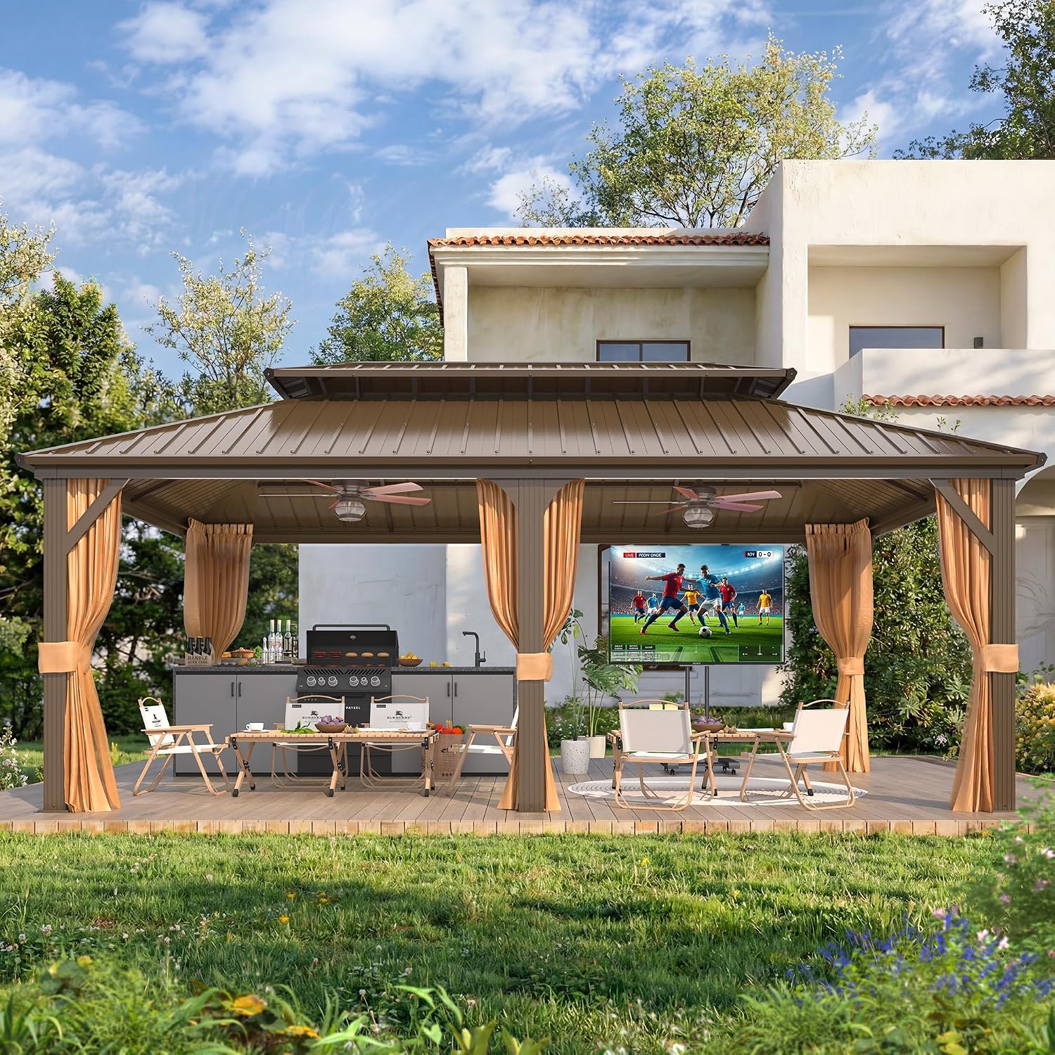 EROMMY 12X20FT Hardtop Gazebo, Outdoor Pergolas with Mosquito Netting and Curtains, Double Galvanized Steel Roof Permanent Aluminum Gazebo w/Sturdy Hooks for Patio, Deck, Backyard, Lawn, and Garden
