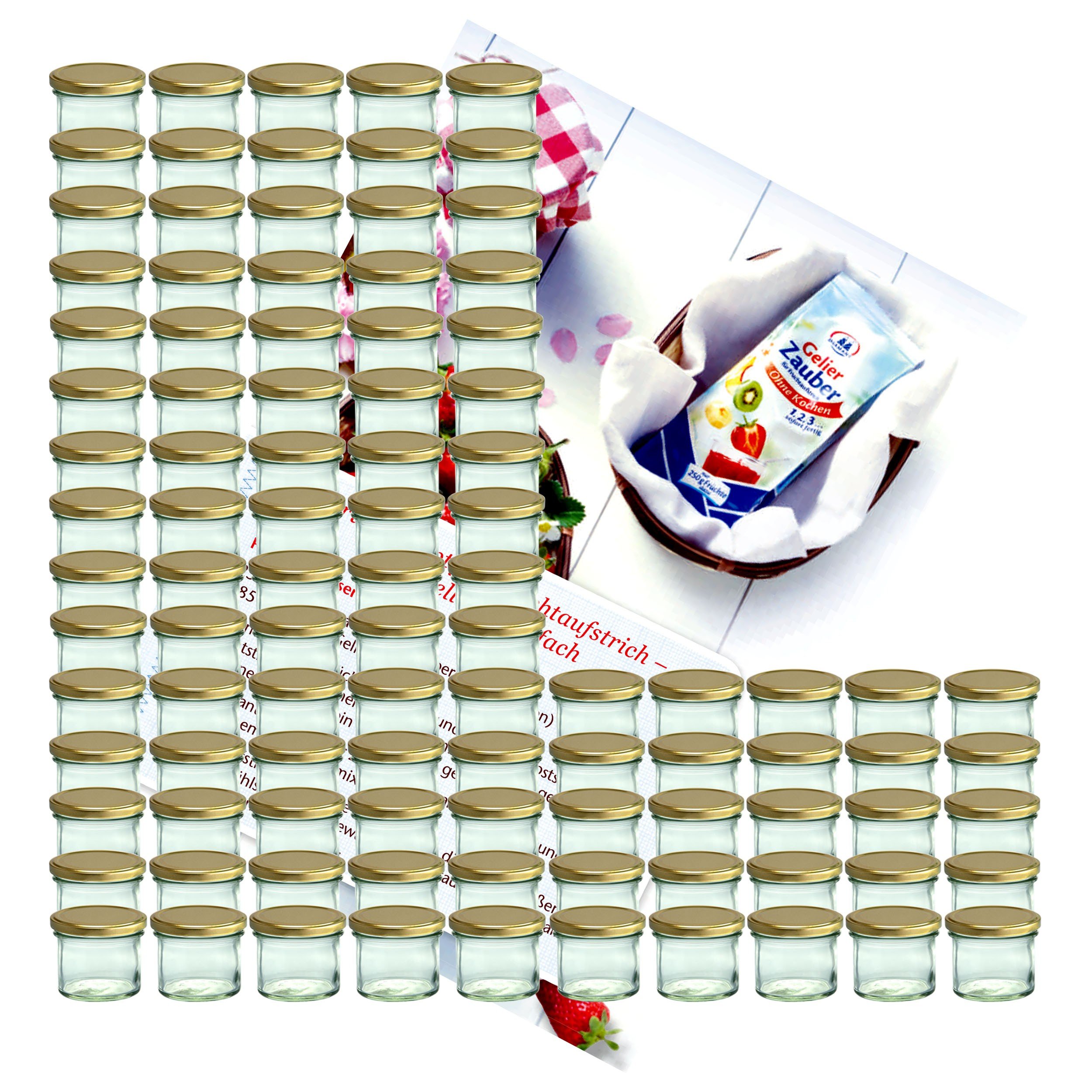 MamboCat Lot de 100 bocaux/pots à confiture en verre de 125 ml + couvercles dorés To 66 + livret de recettes Diamant-Zucker Gelierzauber