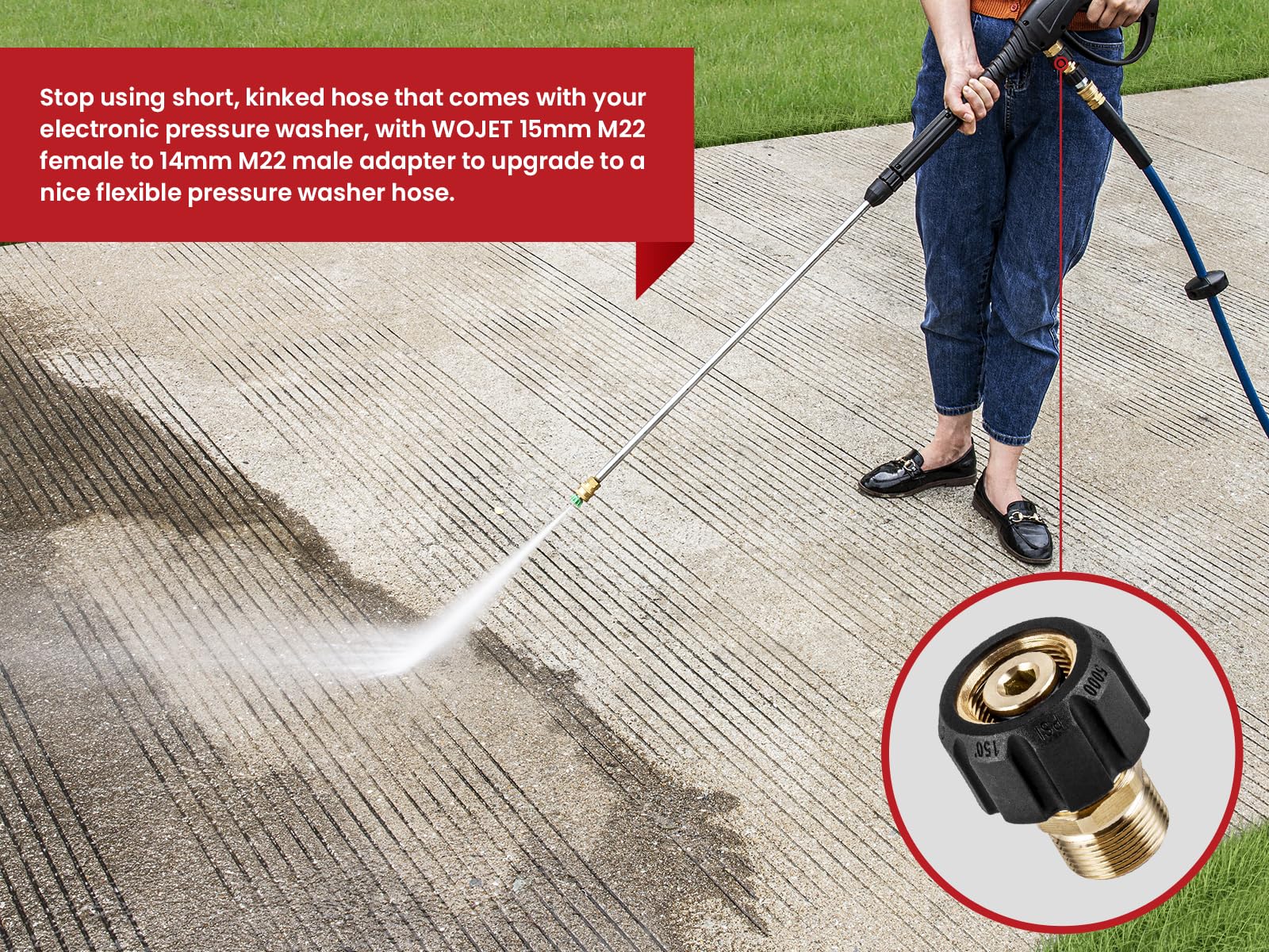 WOJET Adattatore per idropulitrice, filettatura femmina M22 da 15 mm a M22 maschio da 14 mm, accoppiatore per tubo flessibile per idropulitrice da 5000 PSI, collega M22 14 mm a rondella elettrica o