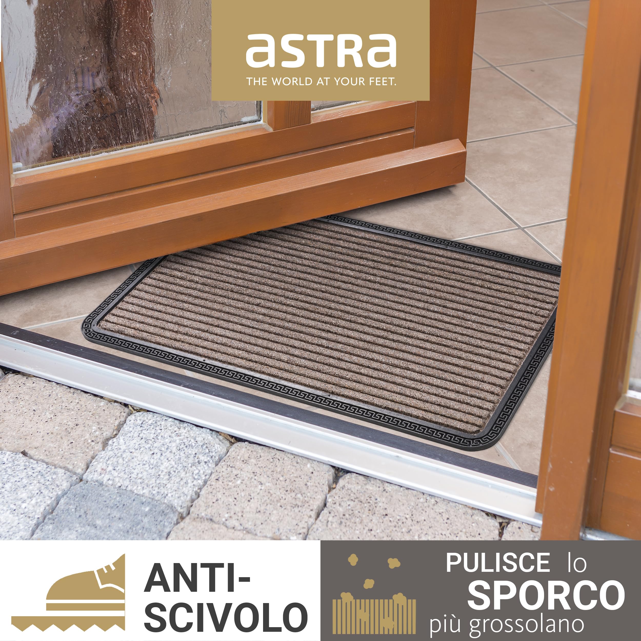 Astra Zerbino per esterni e interni - 40 x 60 cm Linee marroni - Zerbino antiscivolo - Tappeto cattura-sporco molto resistente - Zerbino per gradini esterni