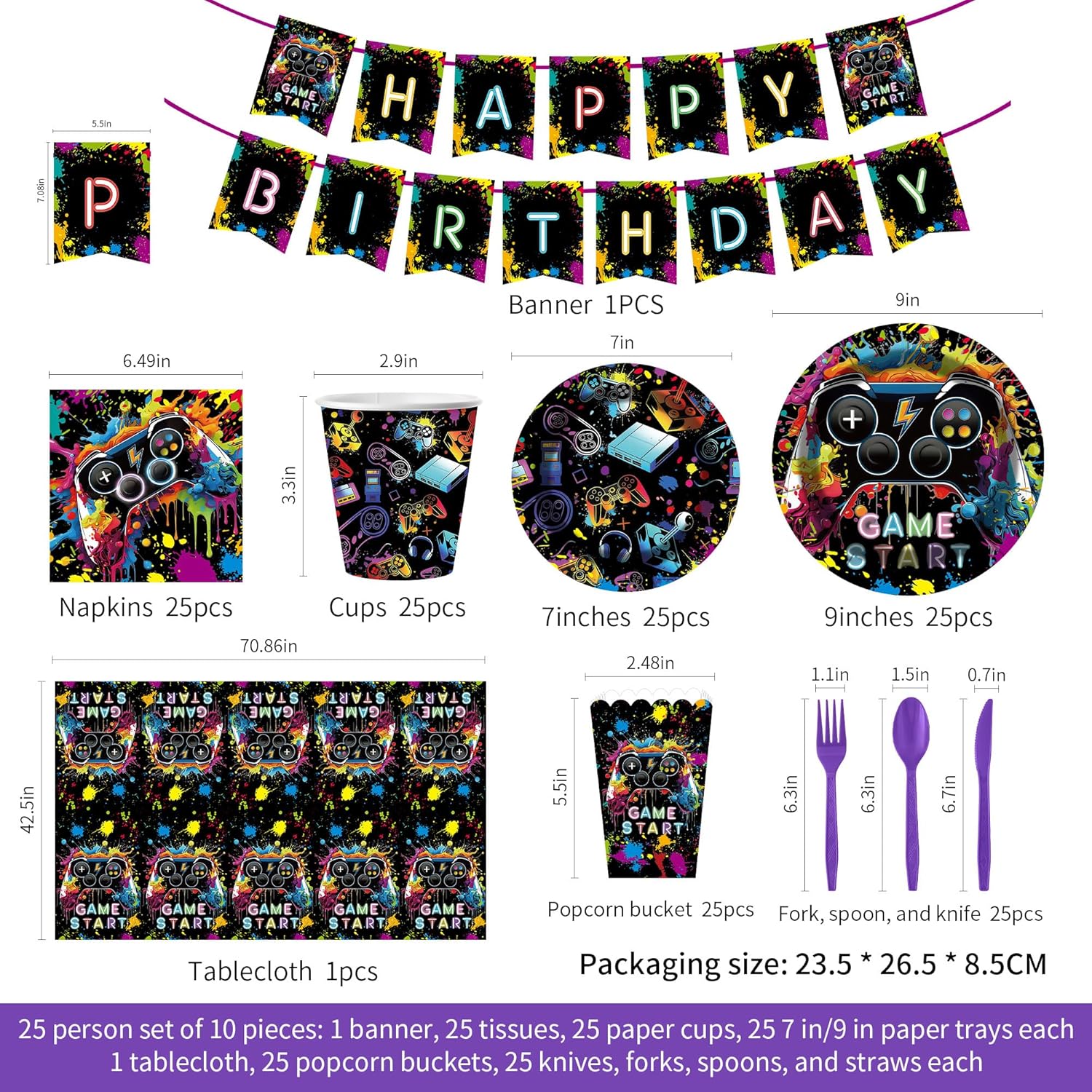 202pcs Video Game Themed Birthday Decoration Set - Includes Plates, Napkins, Cups, Popcorn Snack Box, Purple Silverware, Tablecloth And Banner, Neon Game-Themed Paper Plates And Napkins, Serves 25