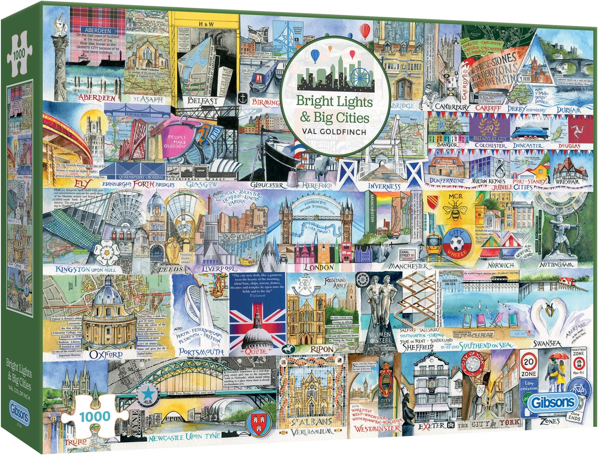 Gibsons Bright Light & Big Cities 1000 Piece Jigsaw Puzzle for Adults - UK Cities by Val Goldfinch Colourful Landmark Art - Premium Sustainable Puzzle Made in the UK/EU