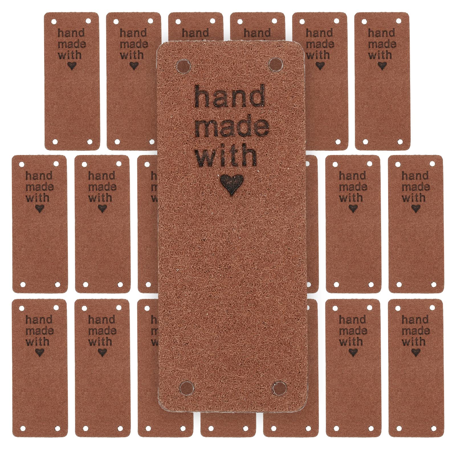 MECCANIXITY 20pcs Handmade PU Leather Tag Label Button with Hole Sew on Embossed Embellishment for Crochet Knitting Jeans Bags Hat Purses Brown