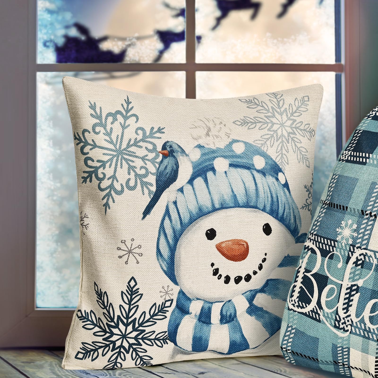 Weihnachts-Kissenbezüge 45x45 Cm | 2 Stück | Blau Mit Schneeflocken & Rentier | Baumwollmischung