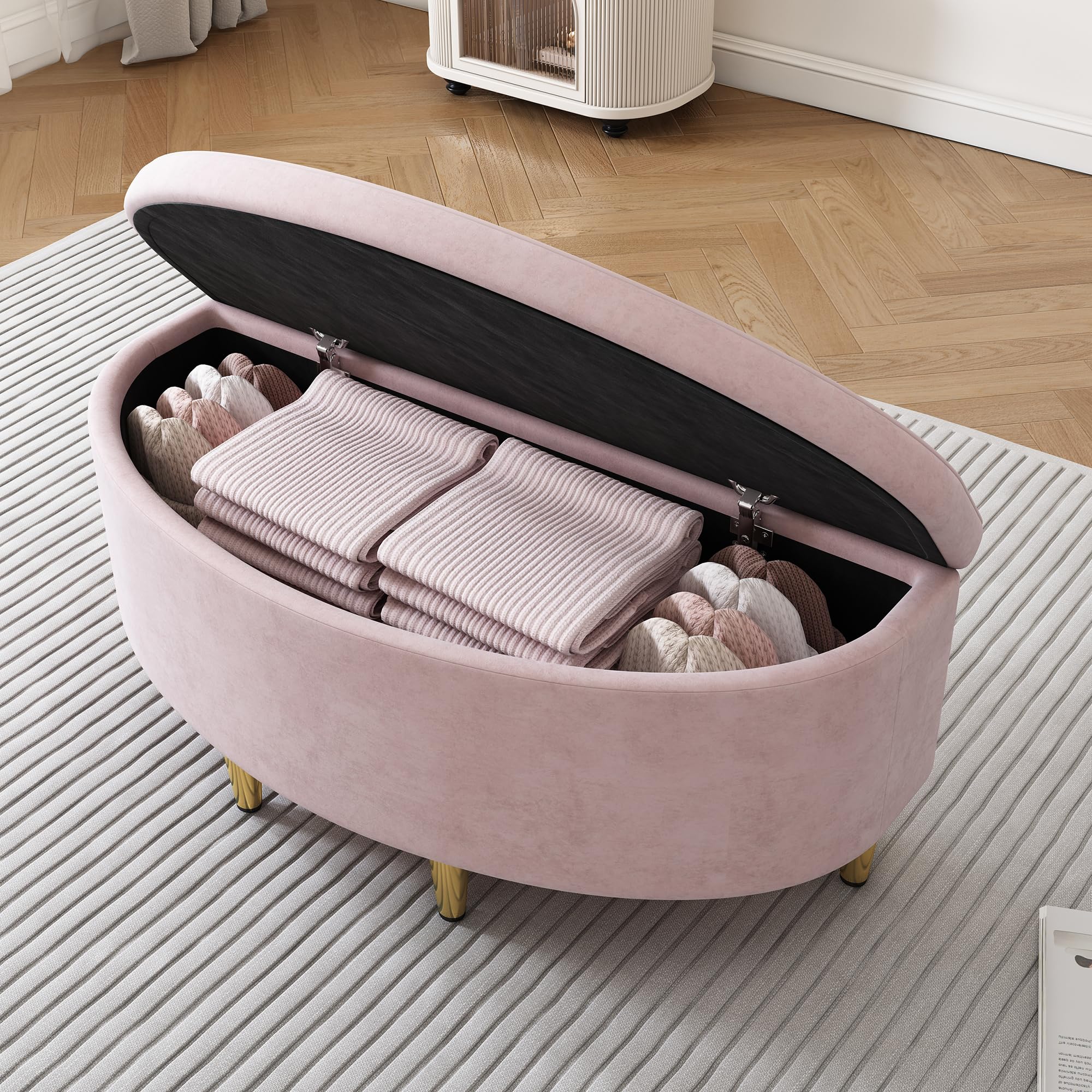 Panca imbottita con contenitore in velluto, con vano portaoggetti, poggiapiedi con gambe in metallo, adatta per corridoio, soggiorno, camera da letto, 90 x 40 x 42 cm, rosa