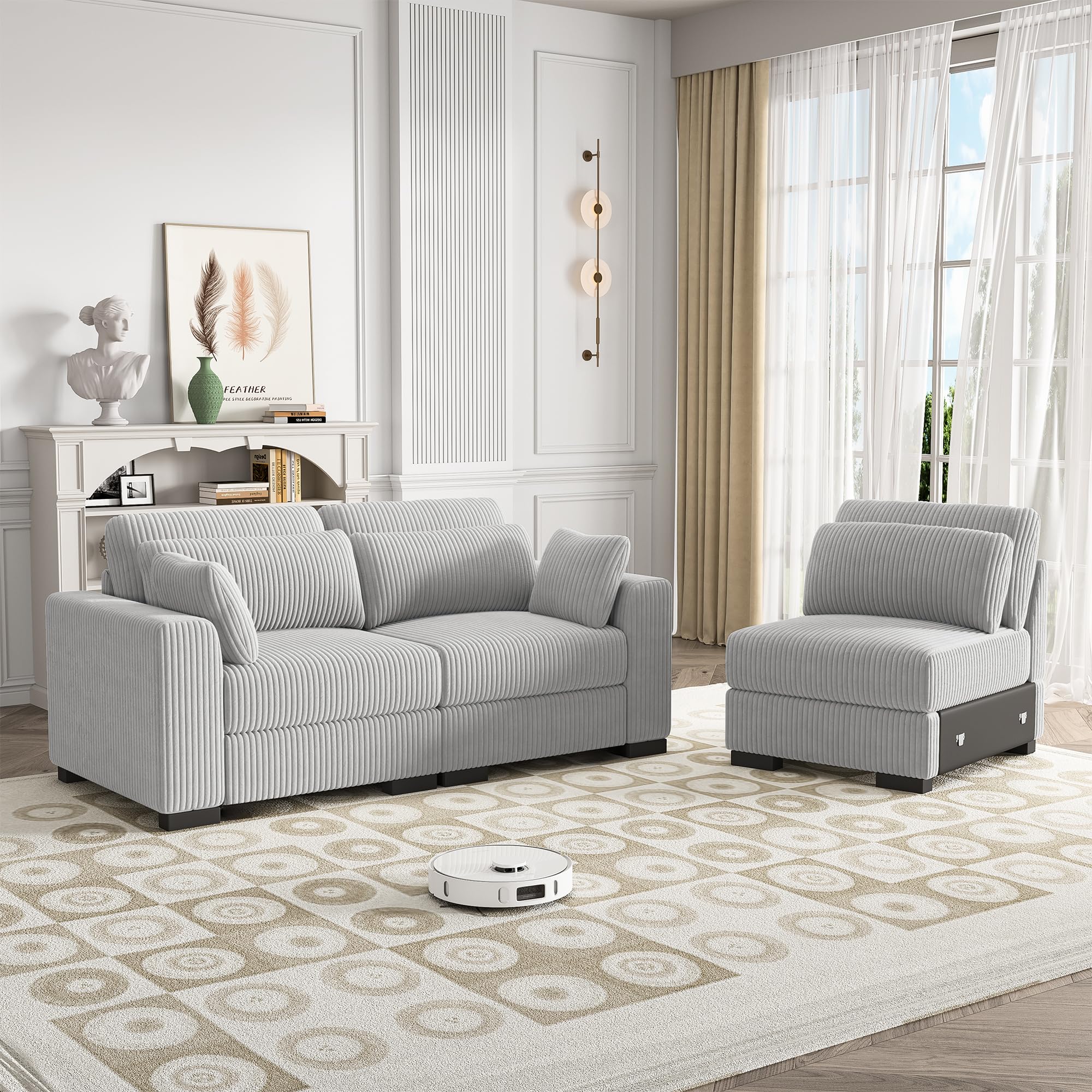 3-osobowa rozkładana sofa, nowoczesna modułowa tapicerowana kanapa z poduszkami, pluszowa prążkowana tkanina, stylowe meble do salonu (szara 3-osobowa)