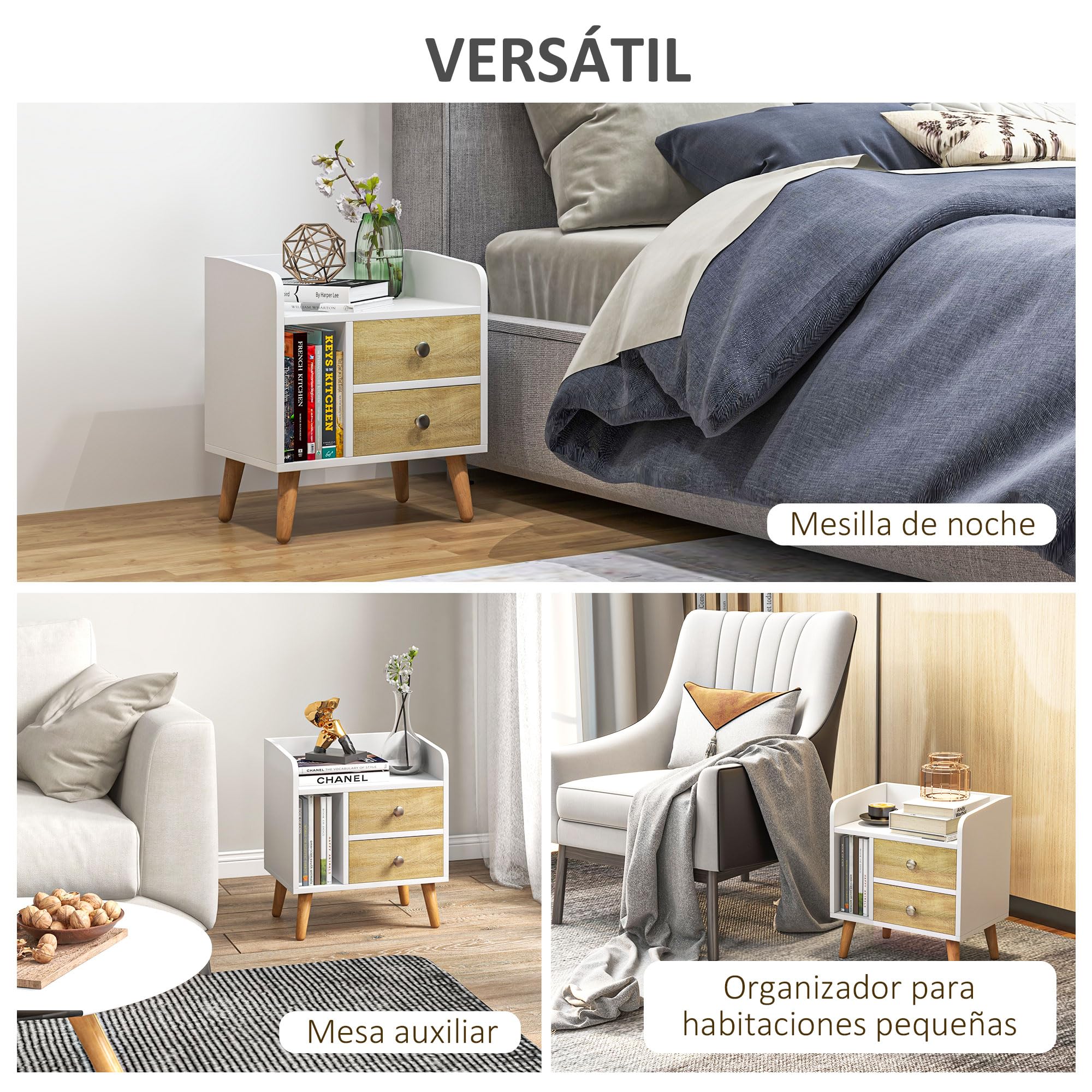 HOMCOM Mesita de Noche 2 Cajones Patas Elevadas de Pino 43x30x49 cm Blanco