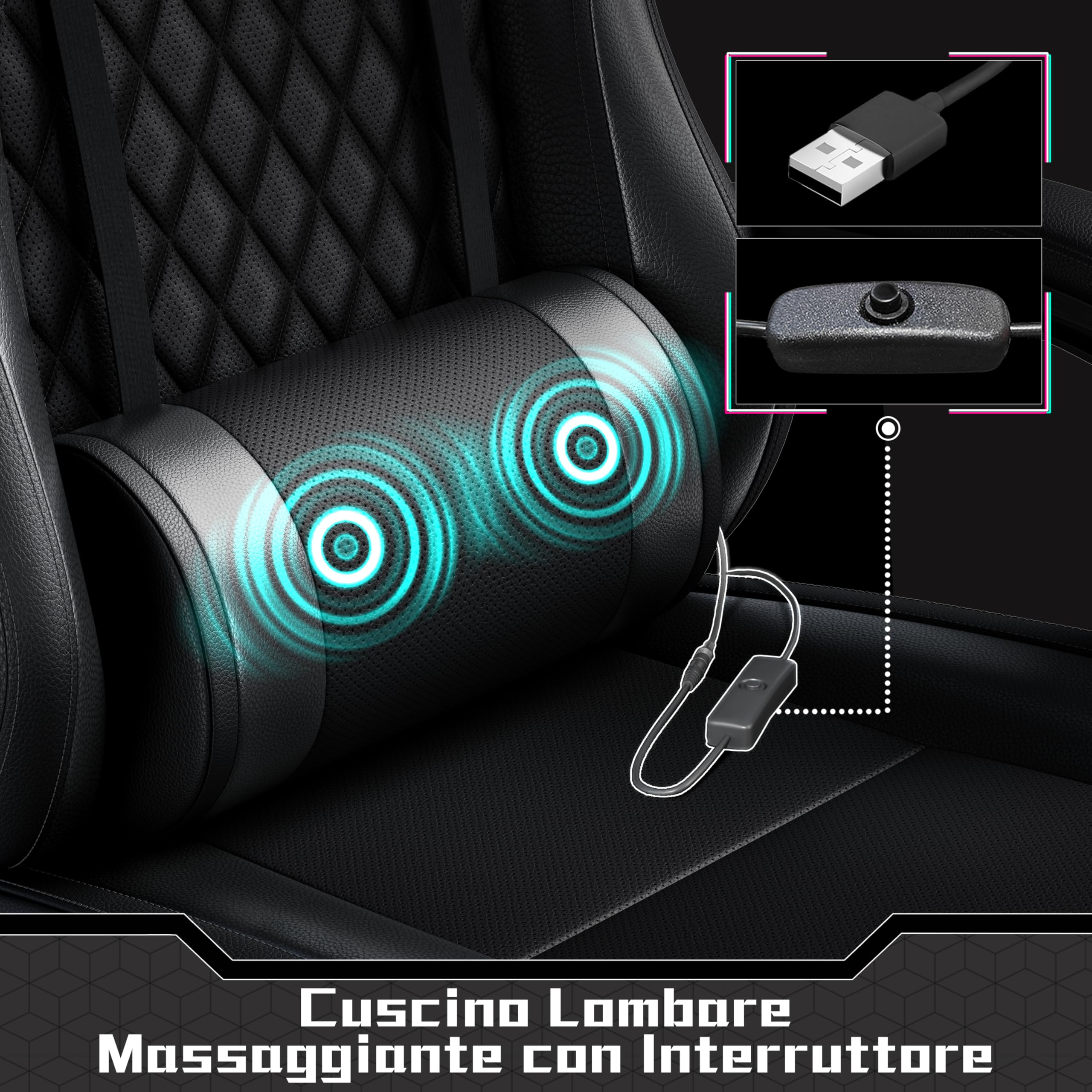 Sedia da Gaming Massaggiante, Sedia da Ufficio con Poggiatesta, Poggiapiedi e Cuscino Lombare, 360° Girevole, Regolabile in Altezza, Poltrona Gaming per Computer, Ufficio (Nero)