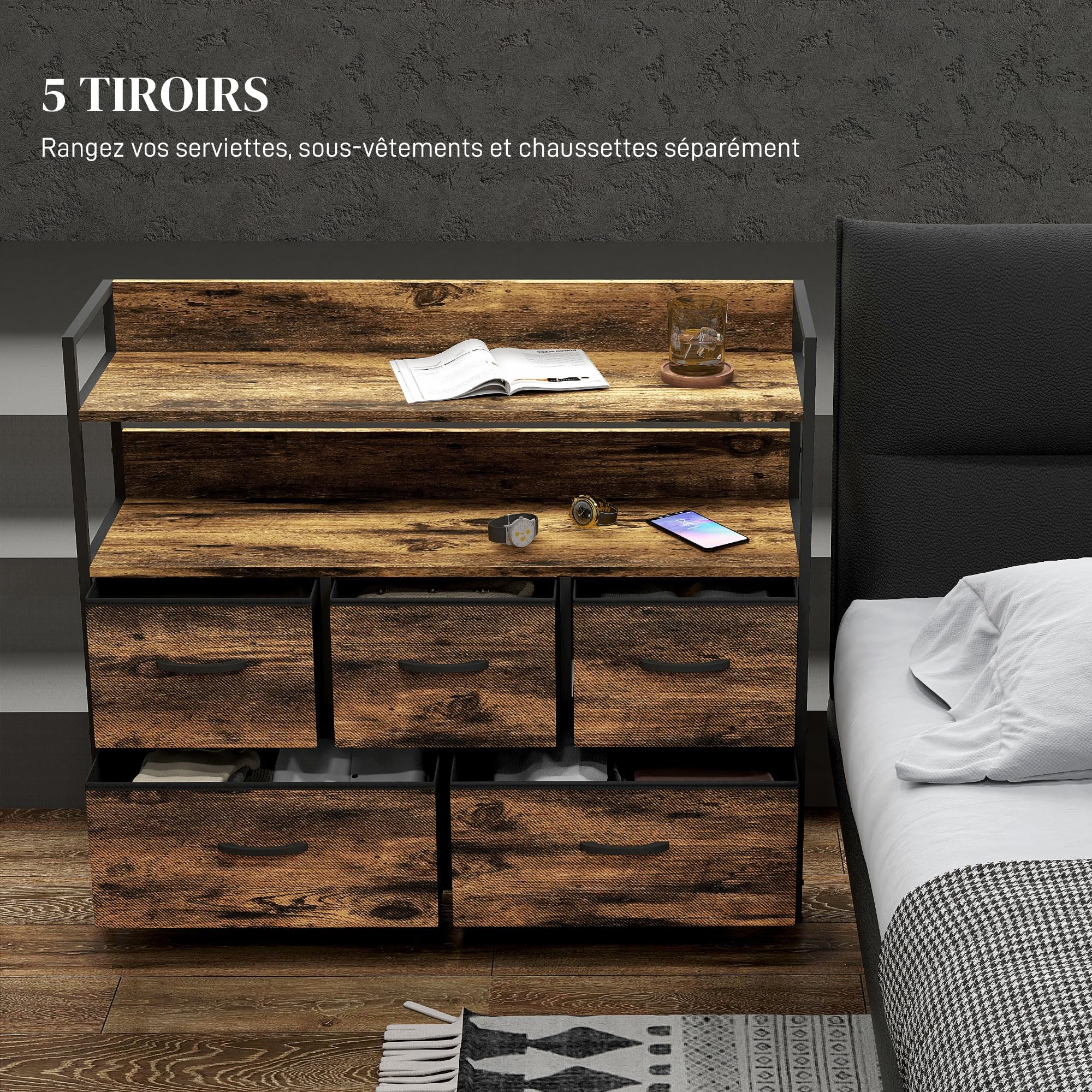 HOMCOM Commode avec 5 Tiroirs en Tissu Pliables, Brun Rustique | Commode Chambre, Meuble de Rangement, Étagères Ouvertes, Plateau, Cadre en Acier, Style Industriel, pour Chambre, Salon