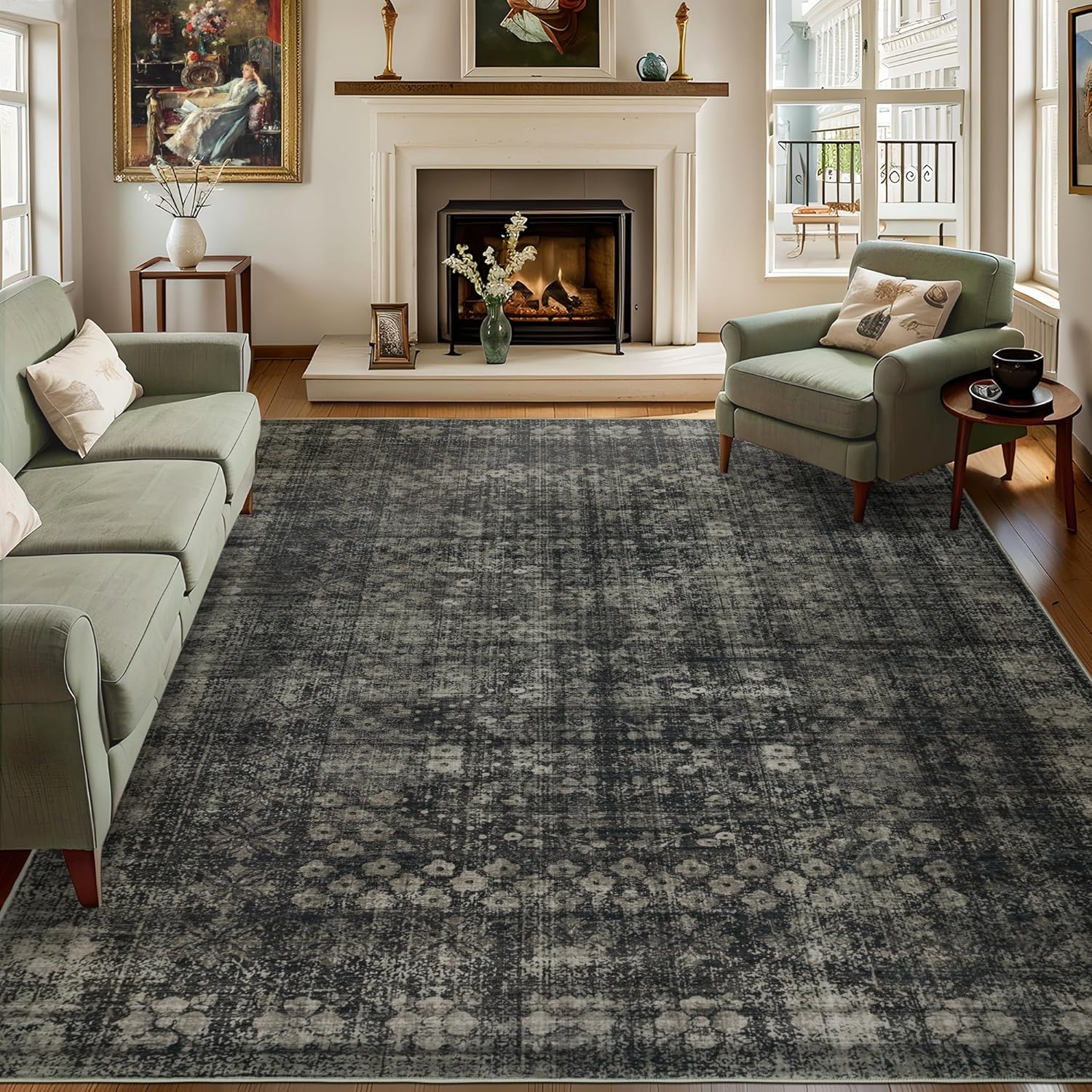 8x10 Vintage Washable Area Rug for Living Room,Low Pile Non Slip Carpet Non-Shedding Large Area Rug Soft Indoor Stain Resistant Rug Floral Print Mat for Bedroom Dining Room Black