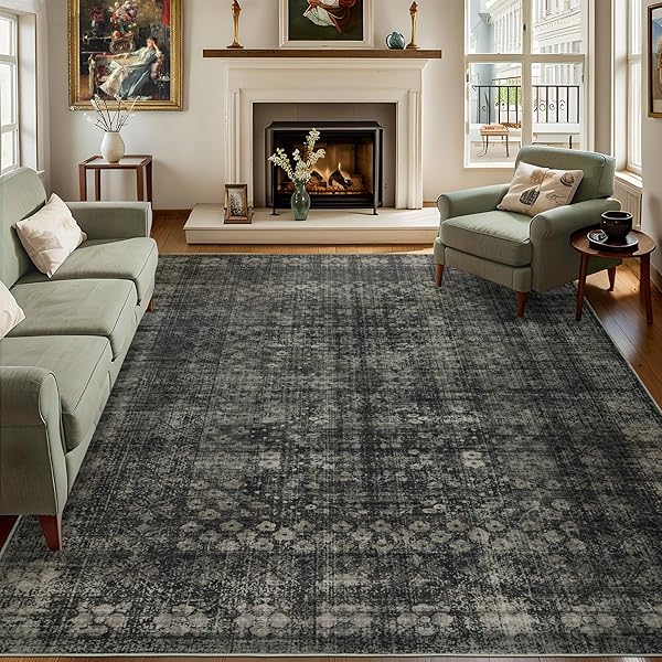Vintage Black Floral Low Pile Rug