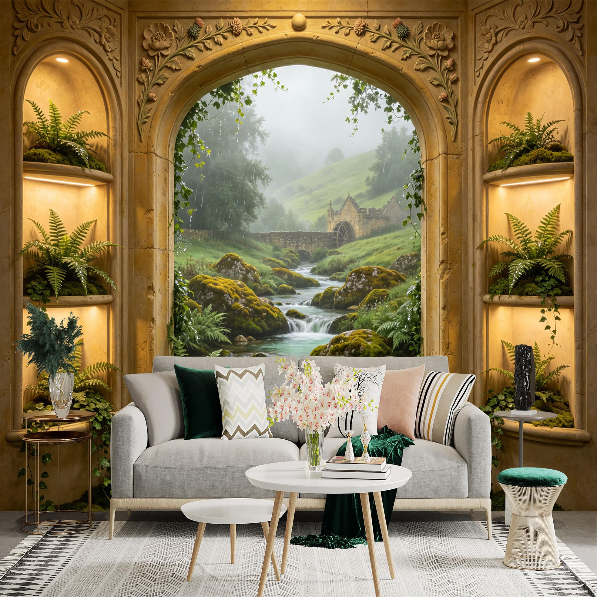 Lnzczhyre Dbh260521734 Custom Size Wall Sticker Mural， Scenic Stone Arch Window View， Misty River Landscape， Ancient Water Mill， Lush Ferns And Mossy Rocks， For Wall Decoration， Peelandstick Wall Decals.