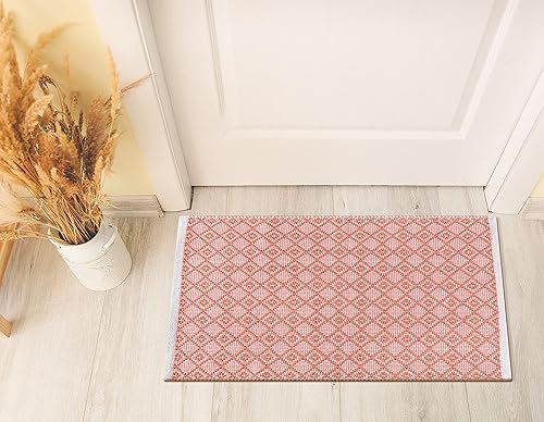 Miniatura 4 de Alfombra de área de 2 x 3 pies, color rosa polvoriento, algodón, diamante, para sala de estar, dormitorio, lavable, antideslizante, alfombra de