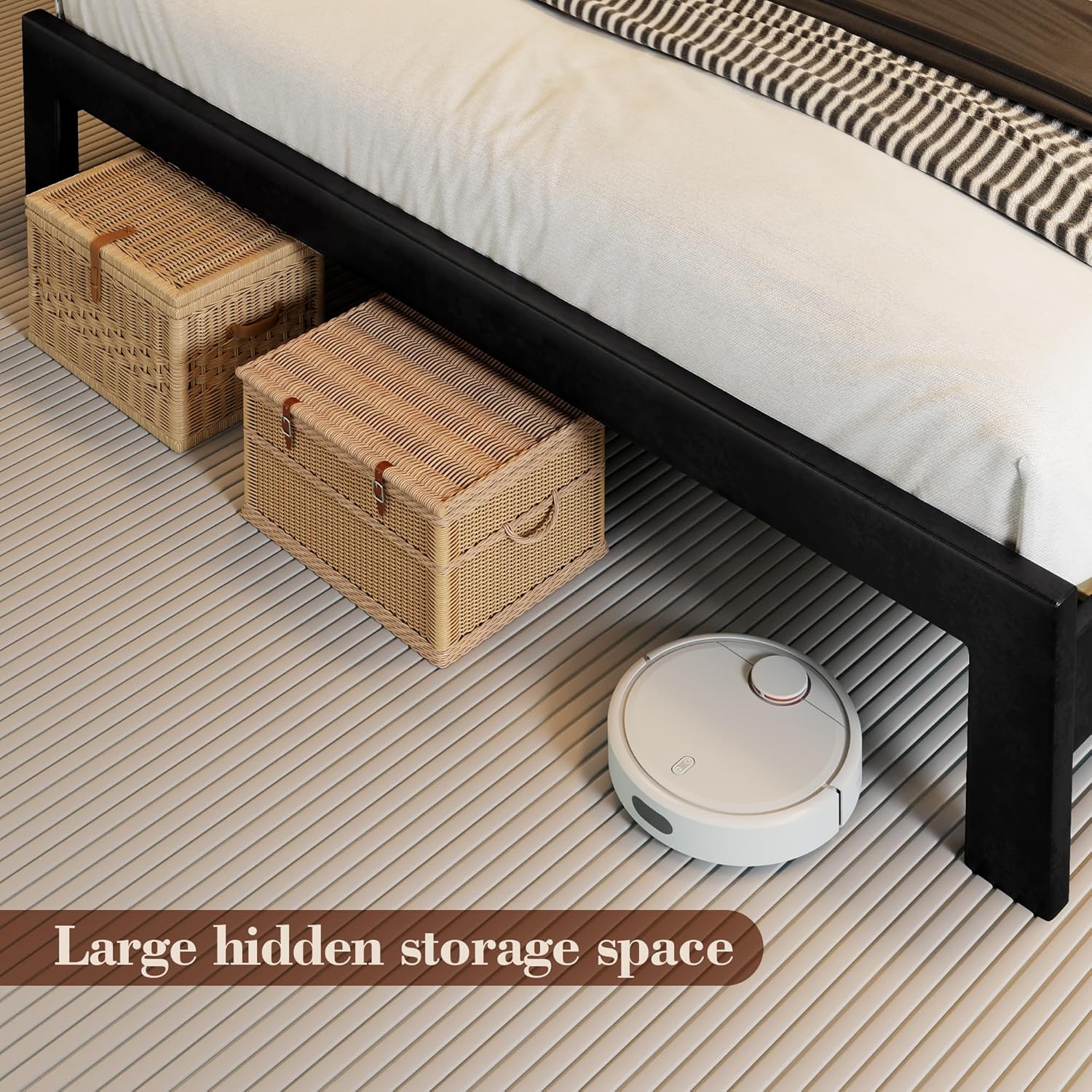 Queen Bed Frame, Leather Upholstered Headboard with LED Lights and Charging Station, Heavy Duty Wood Slats No Box Spring Needed - Easy Assembly and Noise Free - Image 6