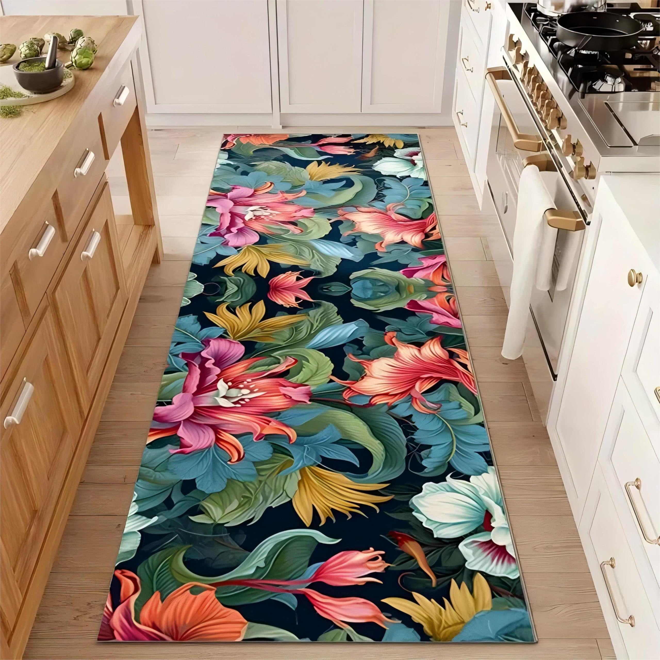 Vintage Floral Runner Rug for Hallway,120x360cm, Rustic Country Distressed Blue Red Color Floral Plant Non-Slip Washable Kitchen Bathroom Rugs, Soft Low Pile Easy Clean Floor Mat for Bedroom Bedside